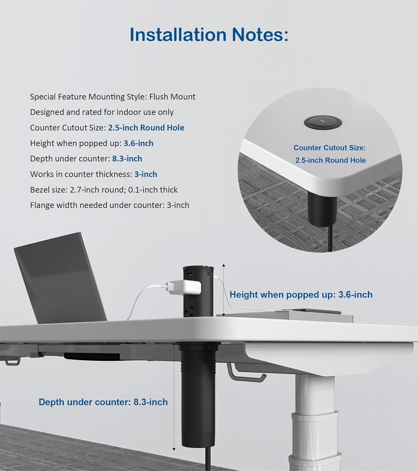 Pop up Outlet for Countertop with USB C,2.5in Hole Desktop Power Grommet,4 Ou…