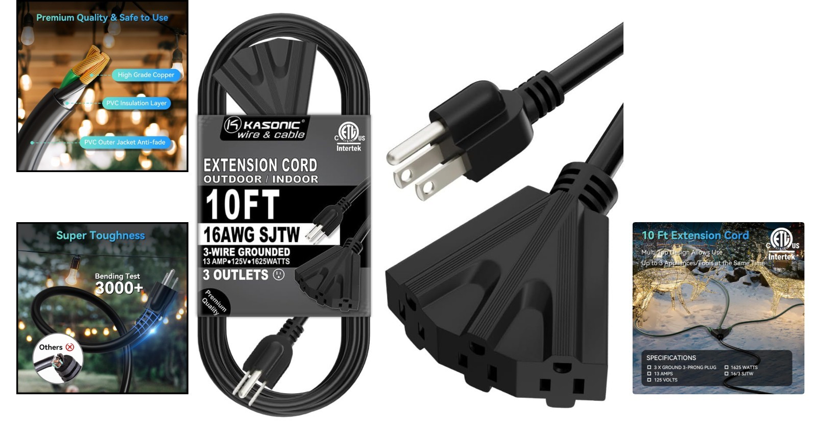 Flexible 10 Foot Extension Cord with Multiple Outlets for Home Garden