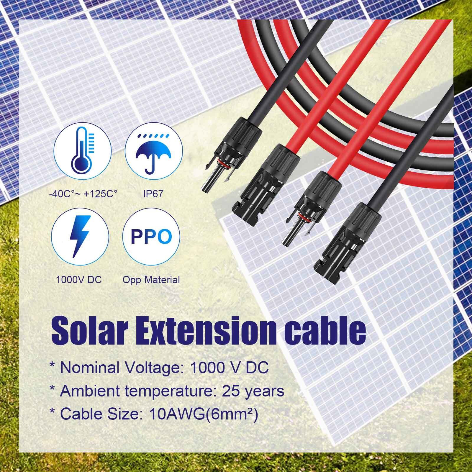 100FT 10 AWG Solar Panel Extension Cable PV Wire Solar Connectors Pair 6mm²
