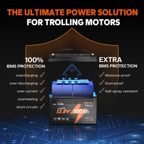 LiTime 12V 100Ah TM LiFePO4 Lithium Battery Low Temp Cut-off for Trolling Motor
