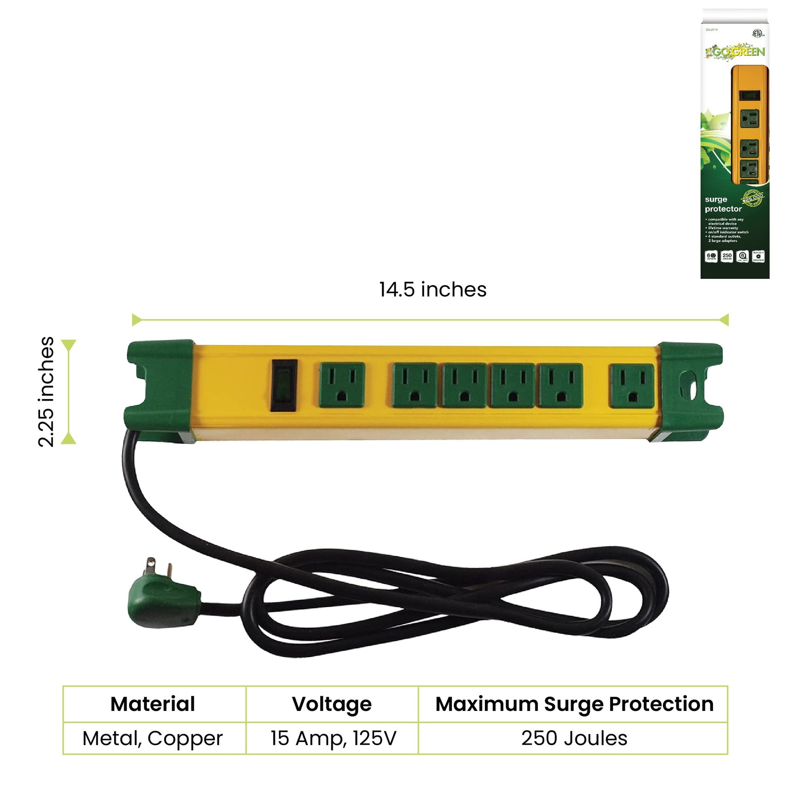 GoGreen Power (GG-26114) 6 Outlet Metal Surge Protector, 250 Joules, Yellow/G…