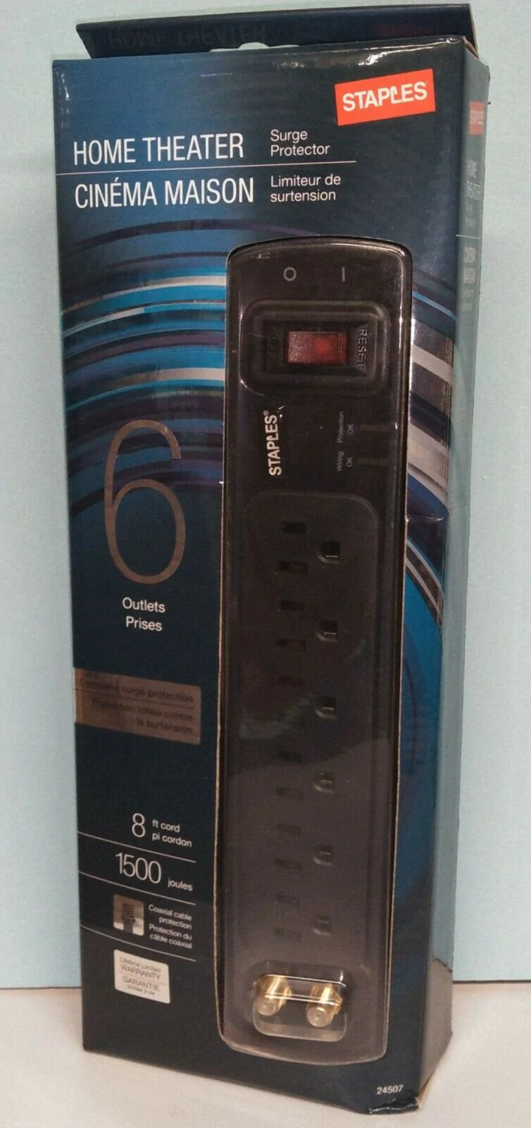 Home Theater 6 Outlets Surge Protector, 1500 Joules, 8′ Cord, Black ( Staples )