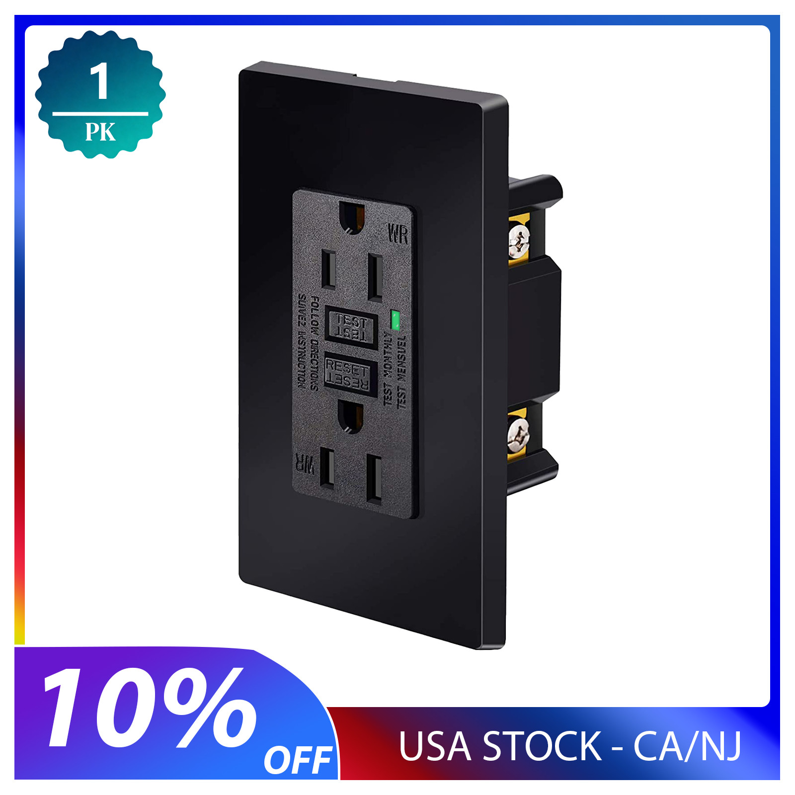 GFCI GFI Outlet 15A Amp TR WR Ground Fault Circuit Interrupter Receptacle Black