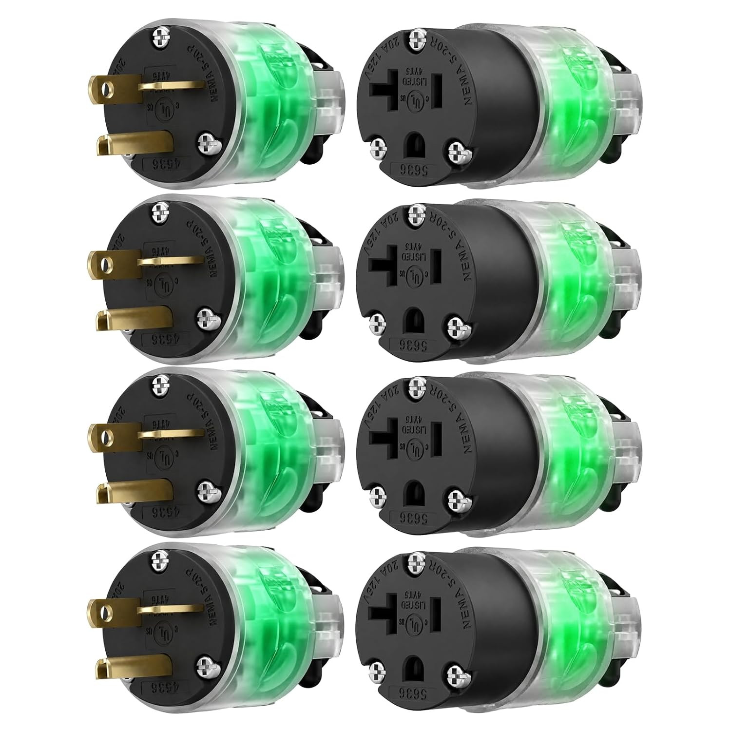 4 Set Lighted Cord End Replacement 20A 125V NEMA 5-20P*NEMA 5-20R, 2Pole 3Wire,