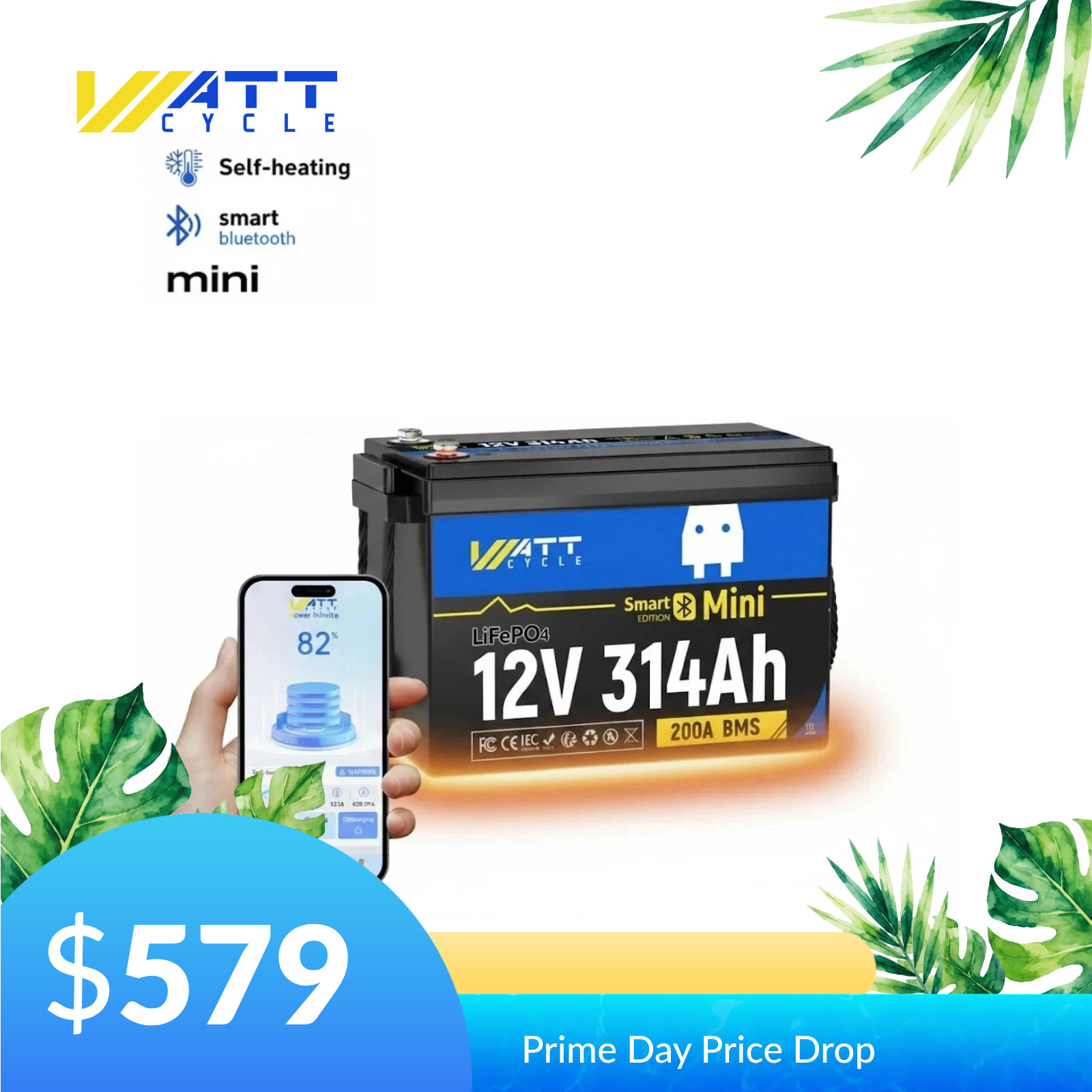 WattCycle 12V 300Ah LiFePO4 Lithium Battery 314Ah 200A BMS Self-Heating Marine