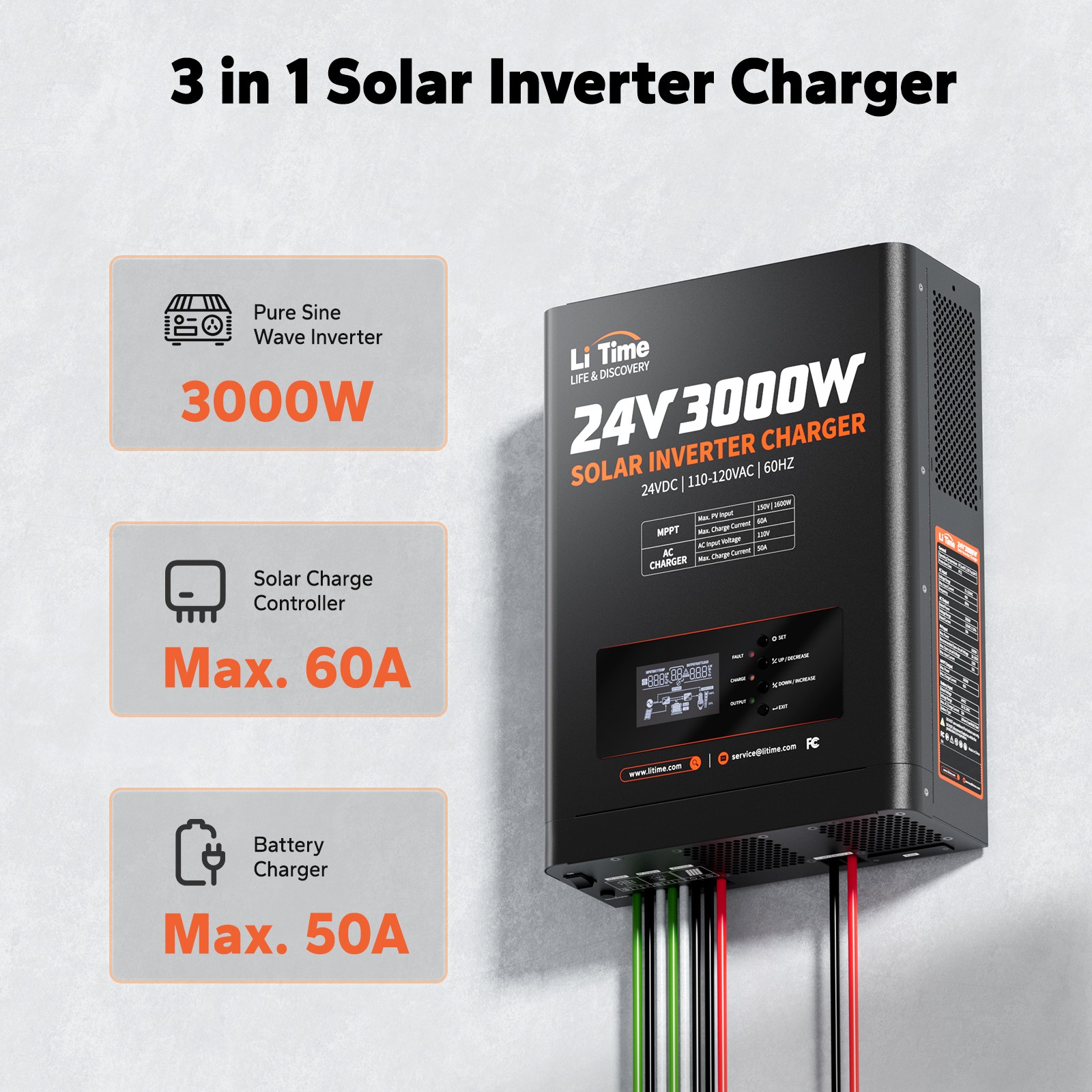 Litime 24V 3000W All-in-One Solar Inverter Charger Pure Sine Wave For Home Cabin