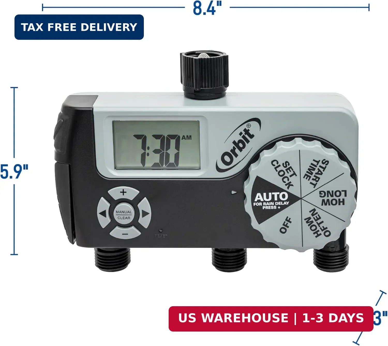 Orbit 56233D 3-Outlet Digital Watering Timer, 3 valves, Black and Gray