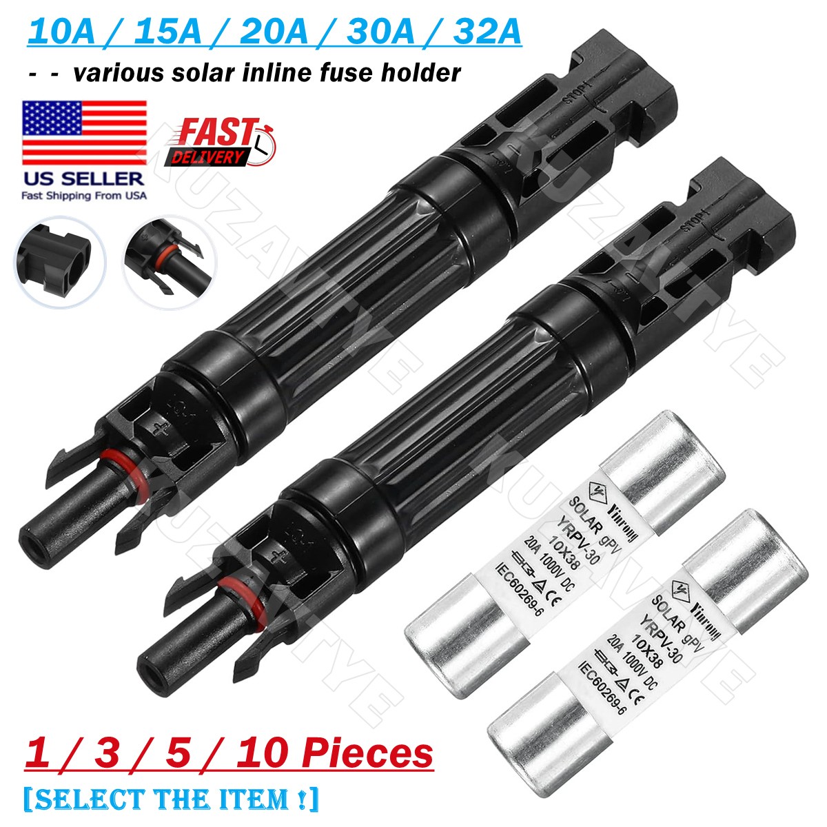 10/15/20/30/32A Fuse Holder in-line Connectors w/Fuses 1000V for Solar PV System
