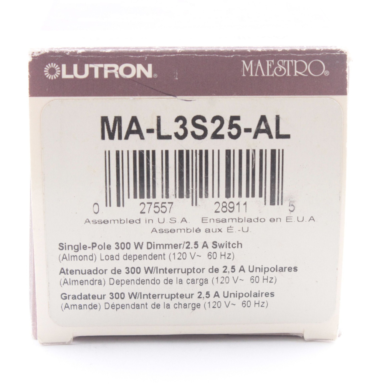 Lutron Maestro Almond Single Pole 300W 2.5A Incandescent Tap Dimmer MA-L3S25-AL