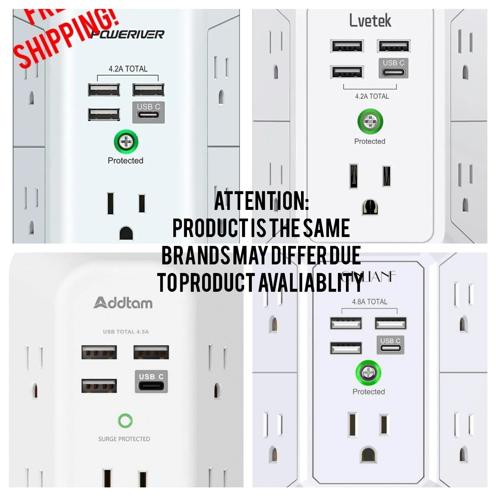 USB Wall charger .Multi port (5 plug-ins),3 USB, 1 USB-C, W/ Surge Protector.