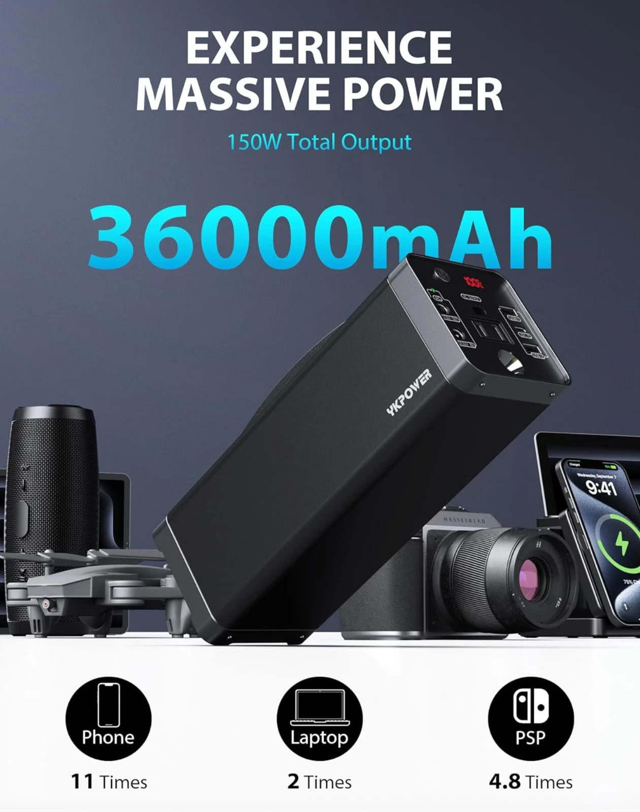 Portable PowerStation 150W, 133.2Wh/36000mAh Fast Charging with 5 Outputs AC Opt
