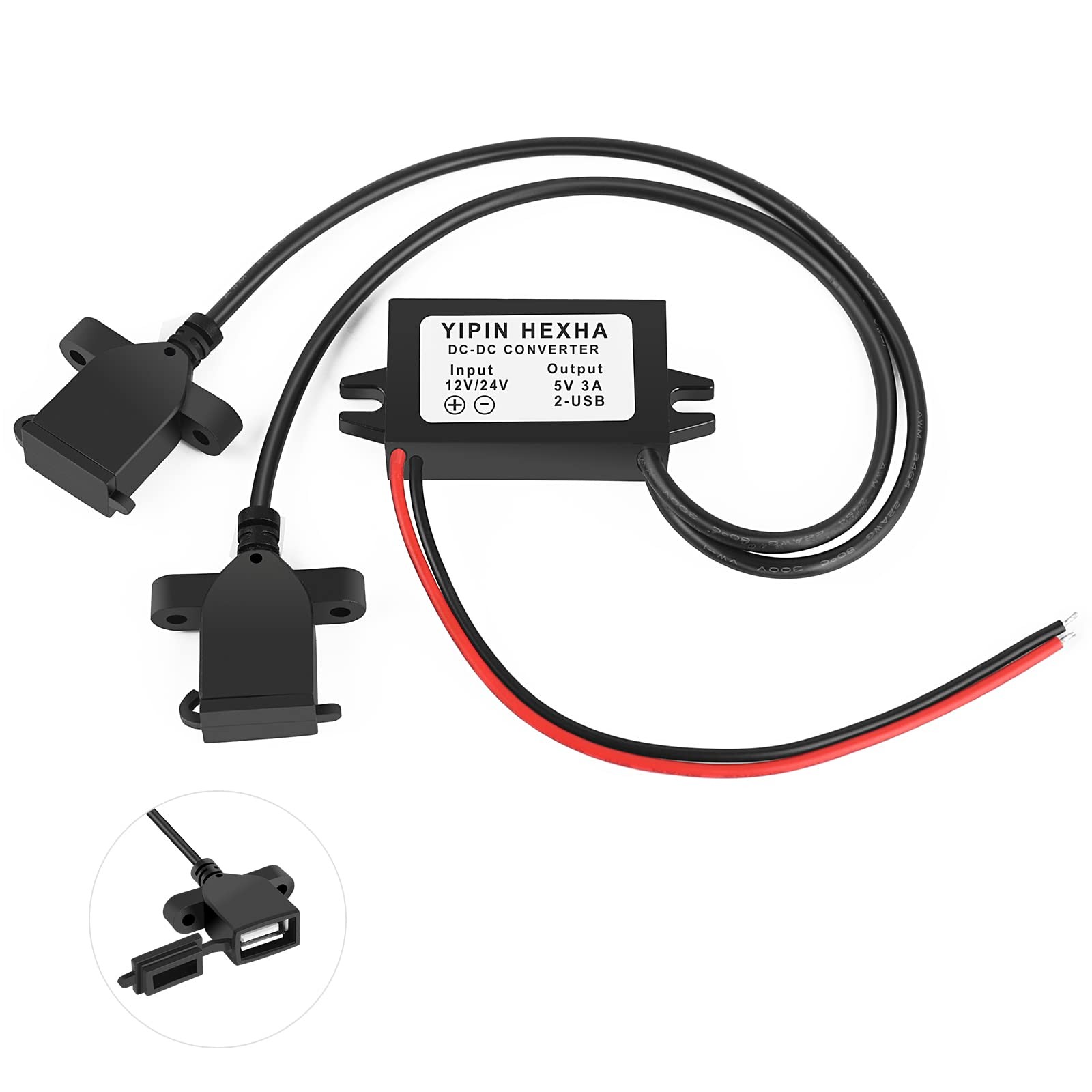 DC 24V/12V to 5V USB Type-C Right Angle Step Down 3A-Dual USB, Black
