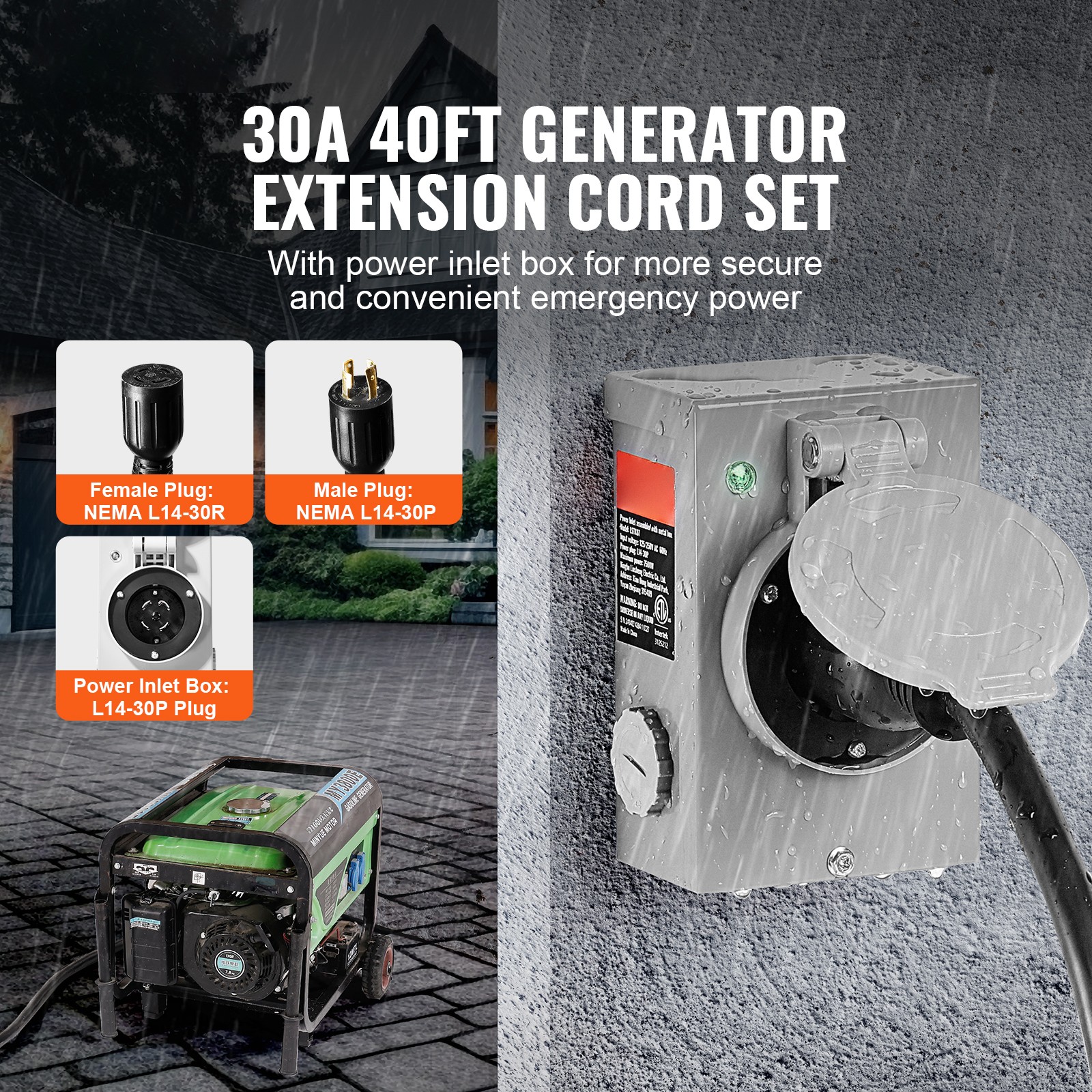 VEVOR 30 Amp Generator Cord and Power Inlet Box 40 FT NEMA L14-30P/L14-30R STW