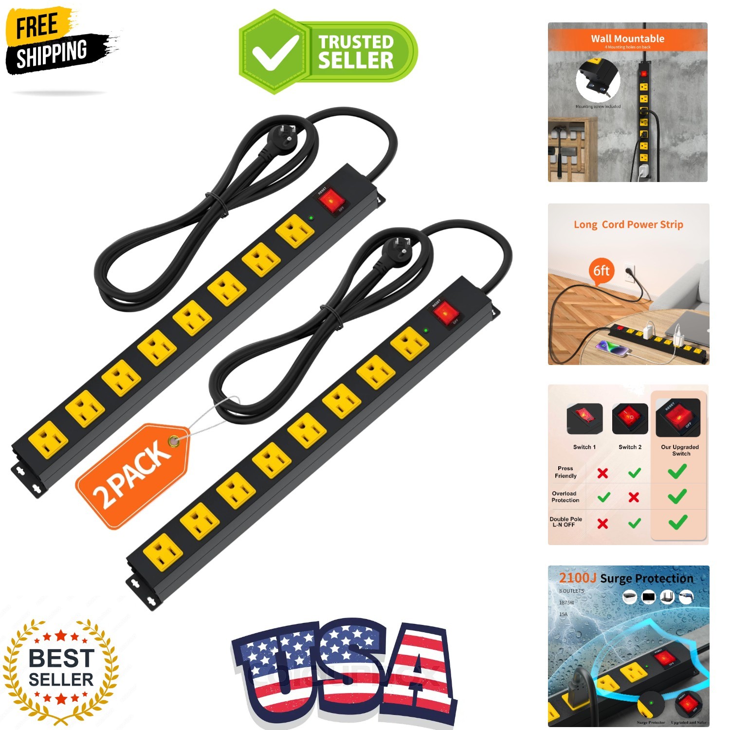 8 Outlet Long Power Strip, 2Pack 2100J Surge Protector Heavy Duty 6FT Cord Wi…