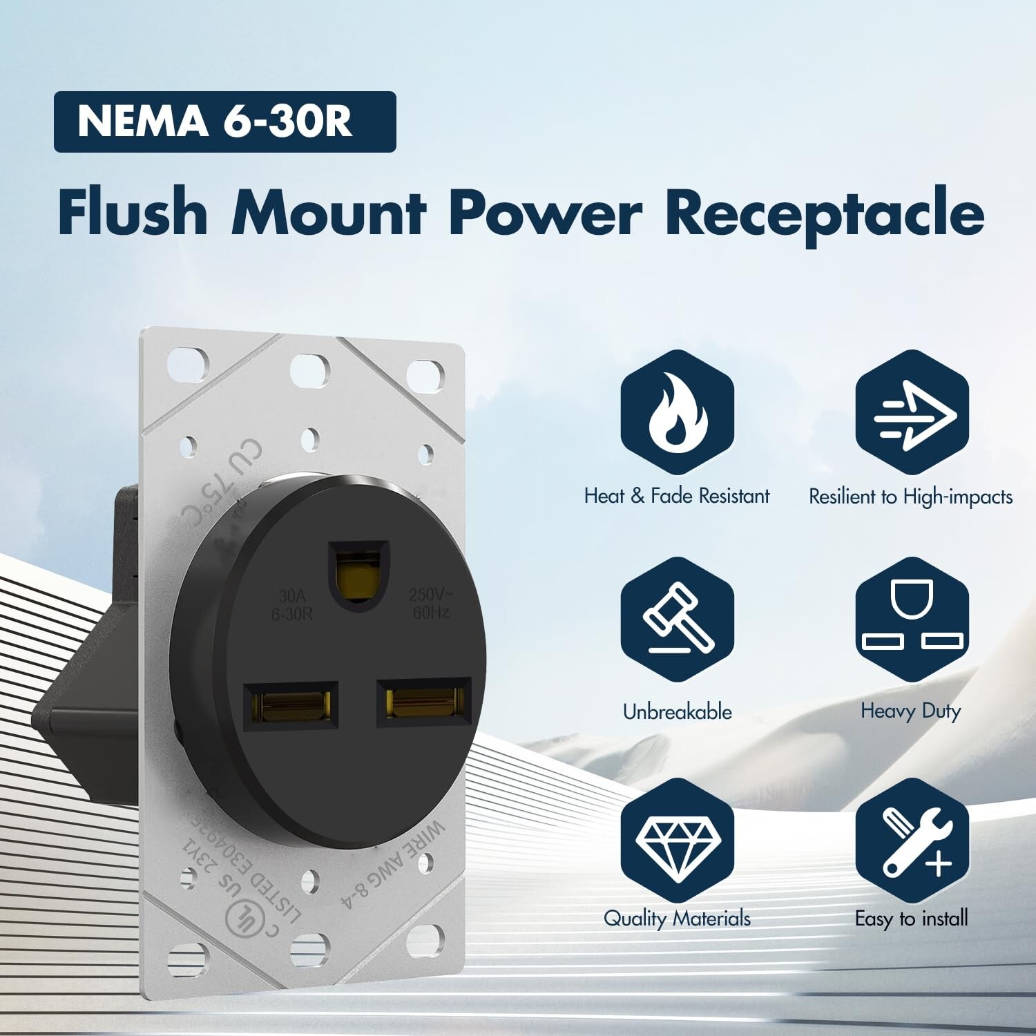 NEMA 6-30R 50 Amp Receptacle Flush Mounting Outlet, 2 Pole, 3 Wire 125V / 250V