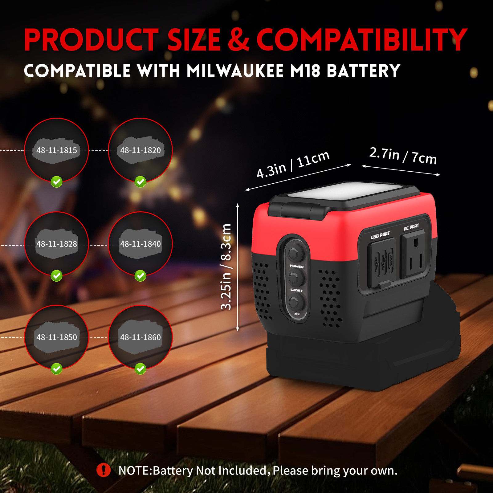 240W AC 120V Outlet USB-C Pure Sine Wave Inverter for Milwaukee 18V Battery