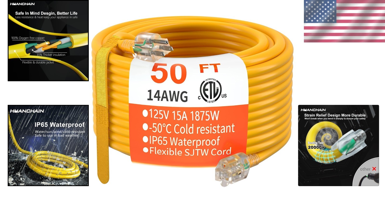 Flexible 50 Ft Heavy Duty Electric Cord – Waterproof & Cold-Resistant Design
