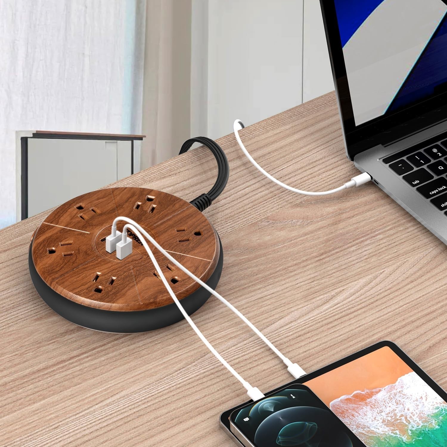 Power Strip with USB – 6 Outlets, 1 USB-C 20W PD, 2 USB-A – Wood Finish Power…