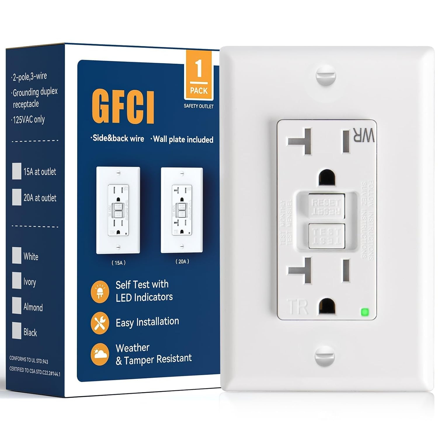 GFCI Outlet 20 Amp with Thinner Design 12 Pack, Weather Resistant (WR), Self-Tes