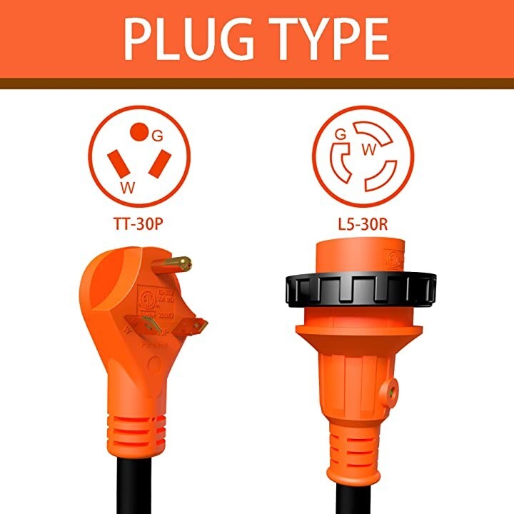 30Amp 50Foot RV Power Extension Cord, 30A Male Standard to 30A Locking Connector