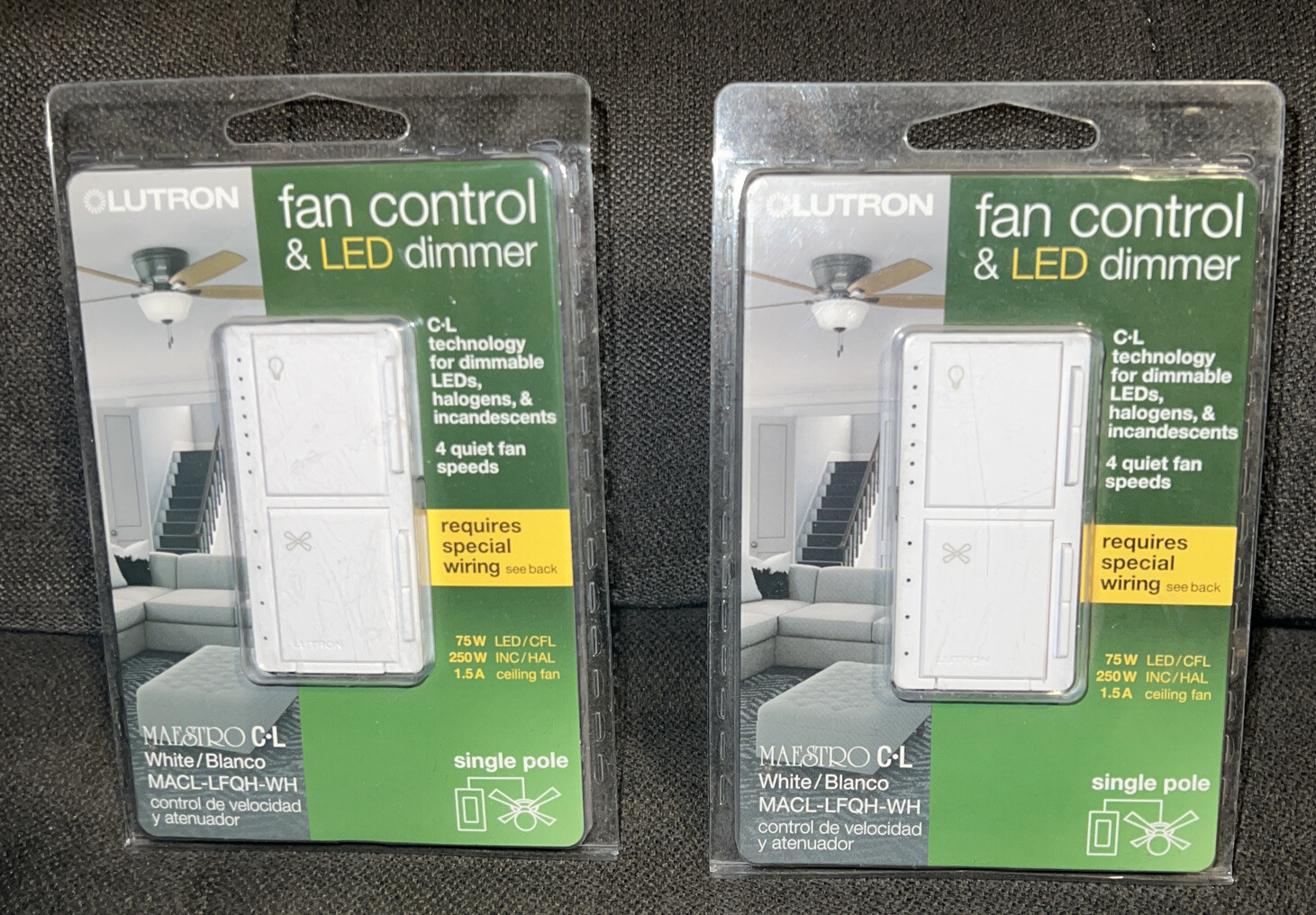Lutron Maestro Lot Of 2 1.5Amp 4-Speed Wired Fan Control and💡Light Dimmer-White