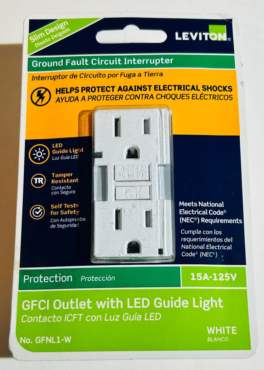 Leviton GFNL1-W GFCI Outlet With LED Guide Light 15A-125V White Type B
