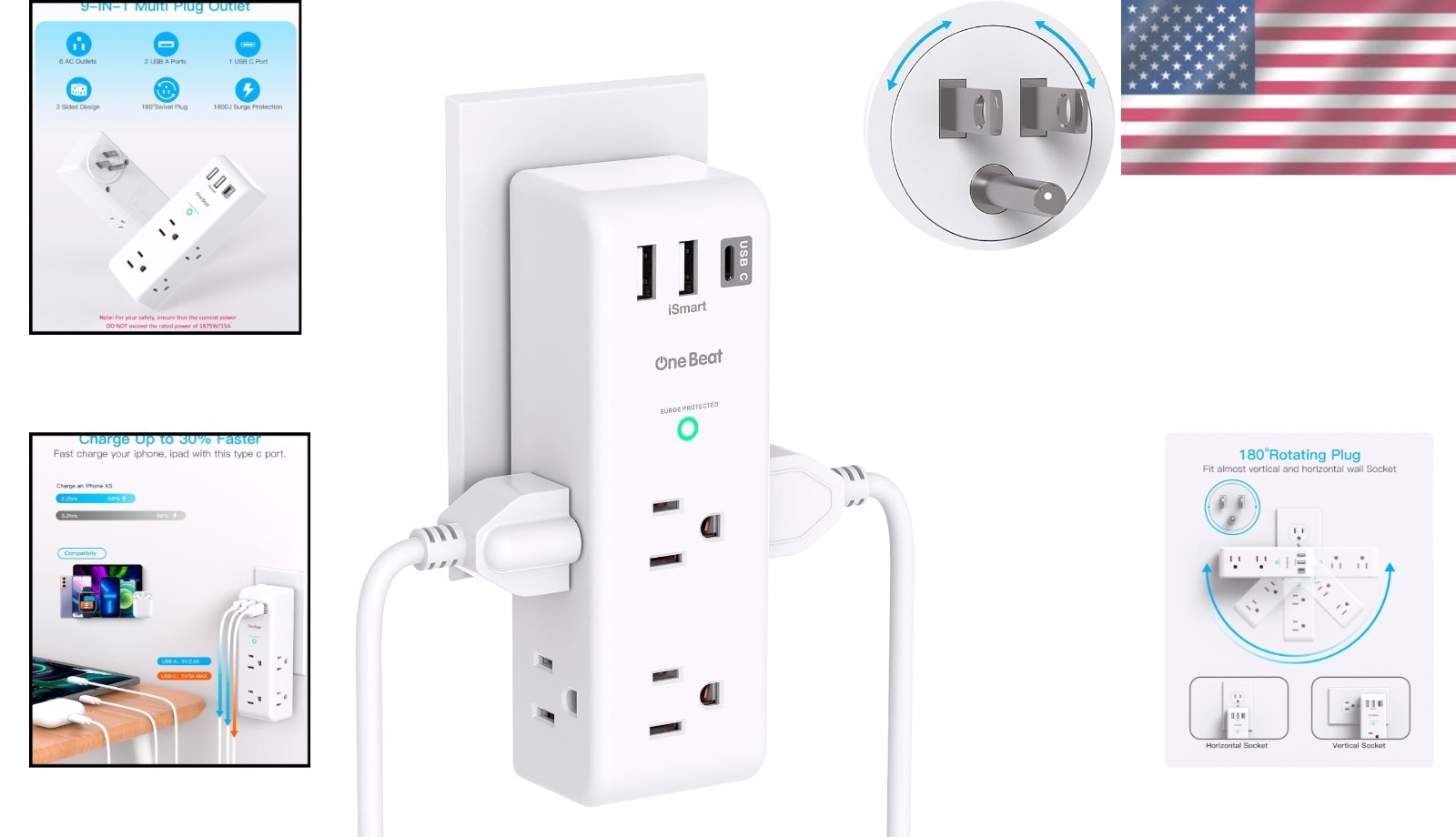 3-Sided Surge Protector with 6 AC Outlets & Rotating Plug for Home & Travel