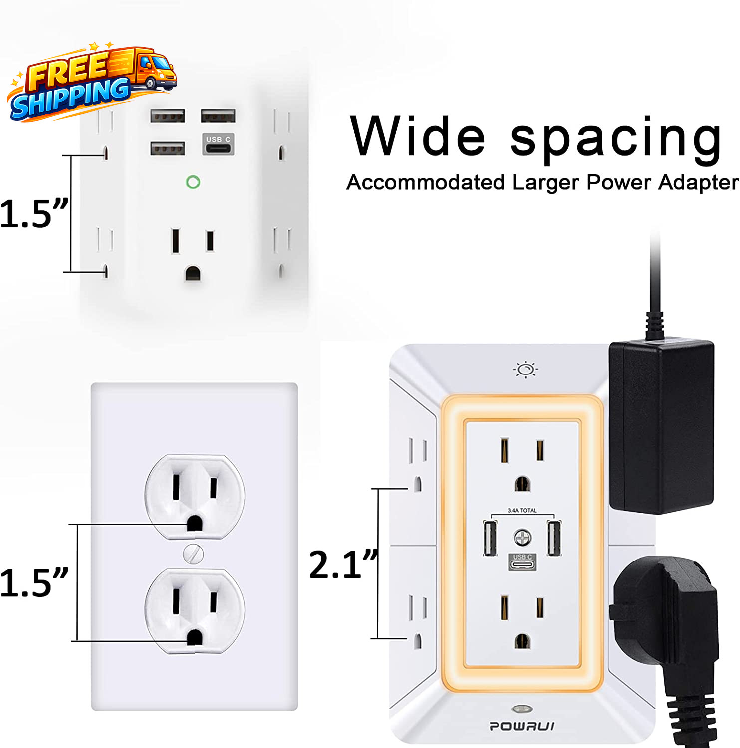 Multi Plug 6 Outlet Surge Protector Extender with 3 USB Ports 1 USB C and Night