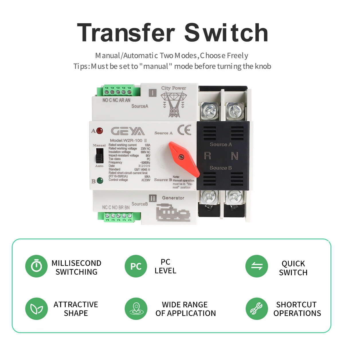GEYA Dual Power Automatic Transfer Switch 4P 100Amp 230V Grid to AC Generator PC