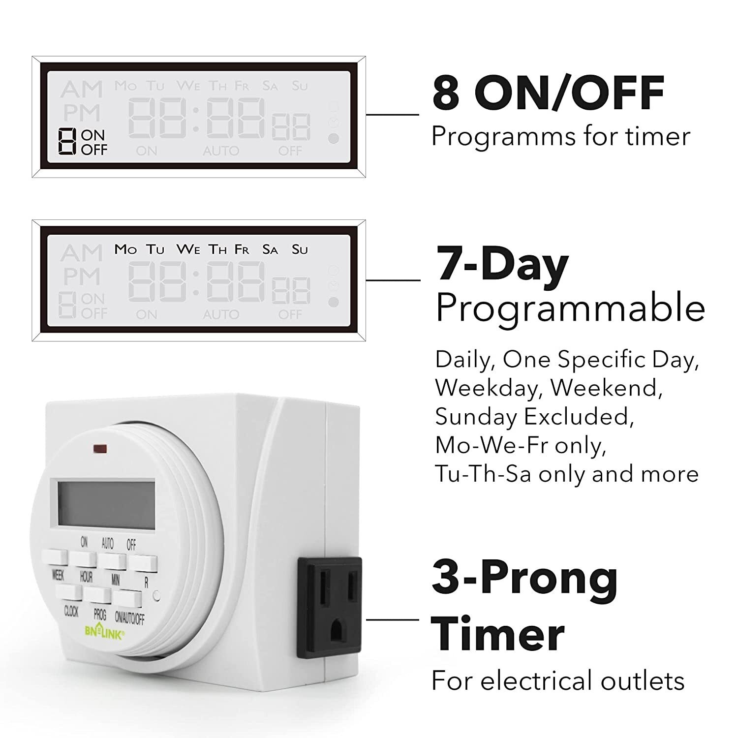 BN-LINK 2Pack 7 Day Heavy Duty Digital Programmable Timer Switch Dual Outlet 15A