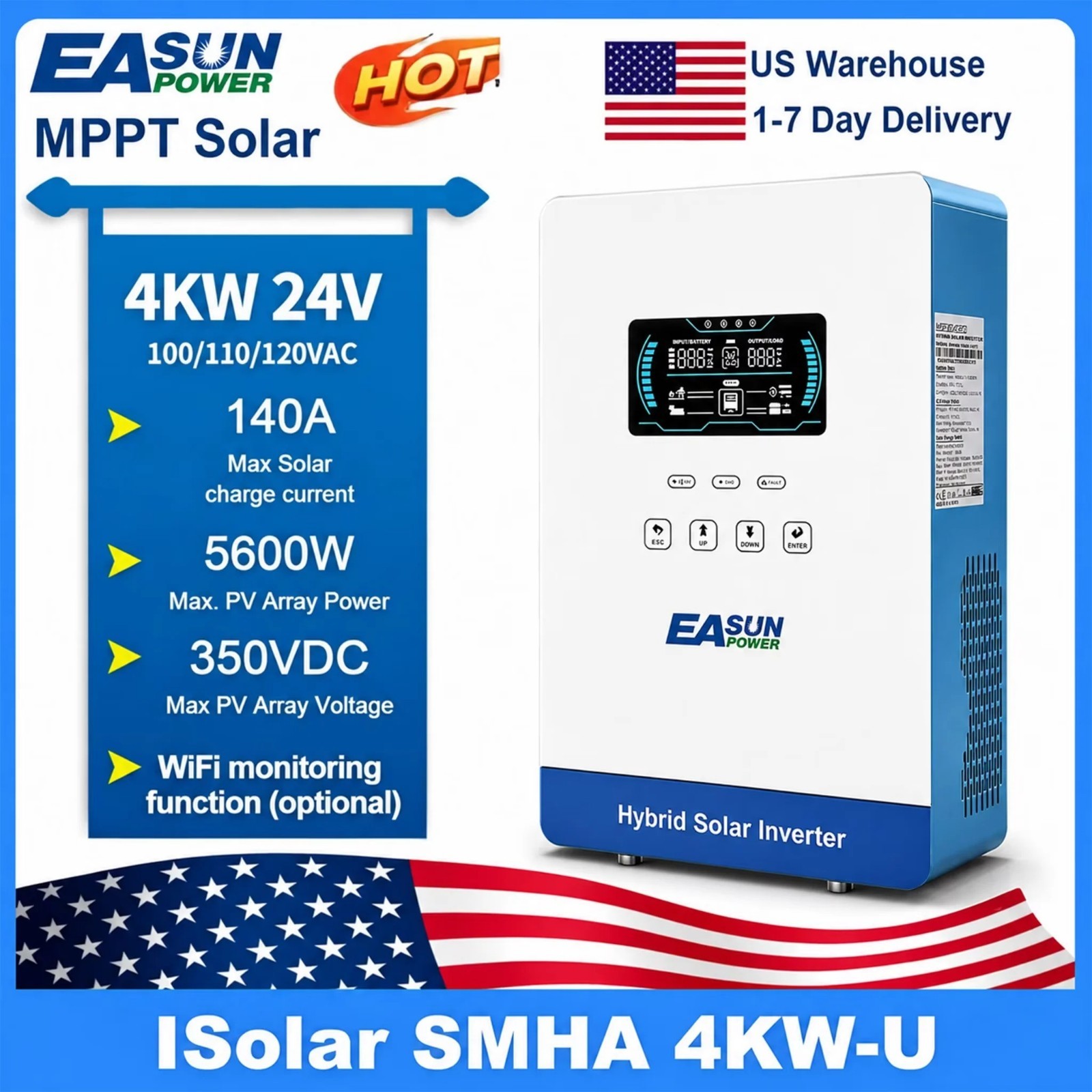 Easun 4KW 4000W 24V Hybrid Solar Inverter with MPPT 140A Pure Sine Wave Output