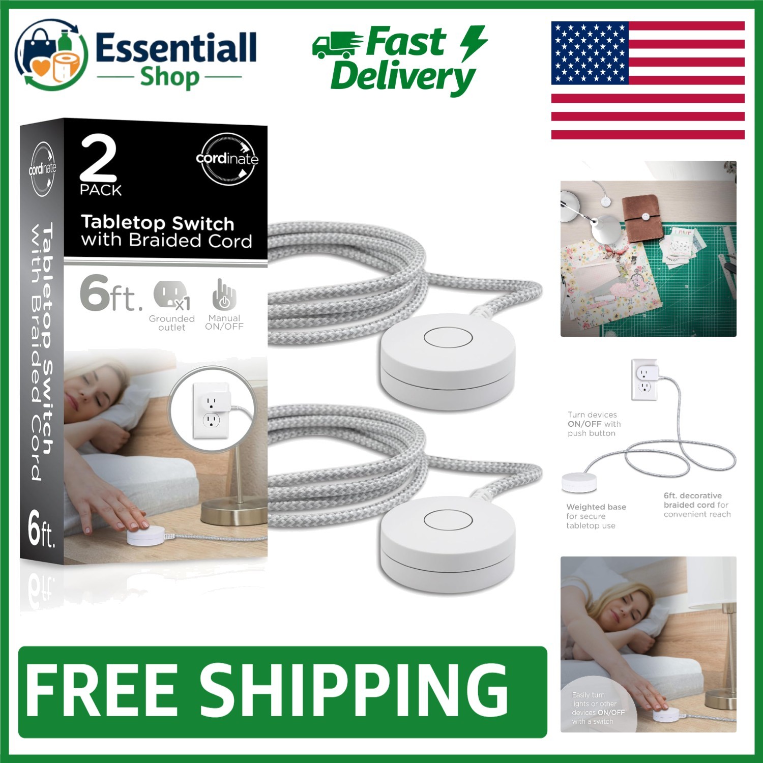 Elegant White/Gray 6 Ft Extension Cord with On/Off Switch, 2 Pack for Home Use