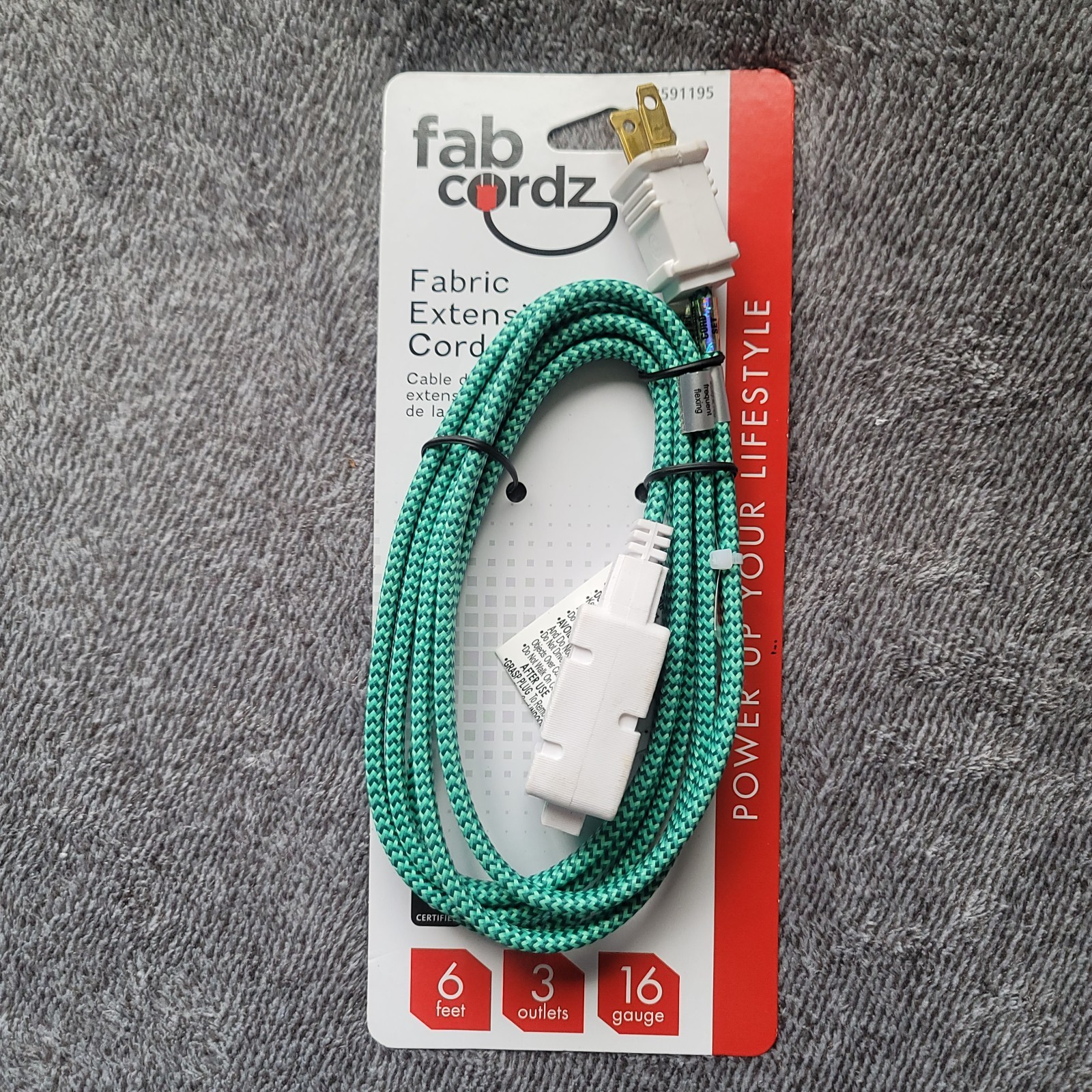 Fabcordz 6 Ft. Green Fabric Extension Cord with 3 Outlets 16 Gauge