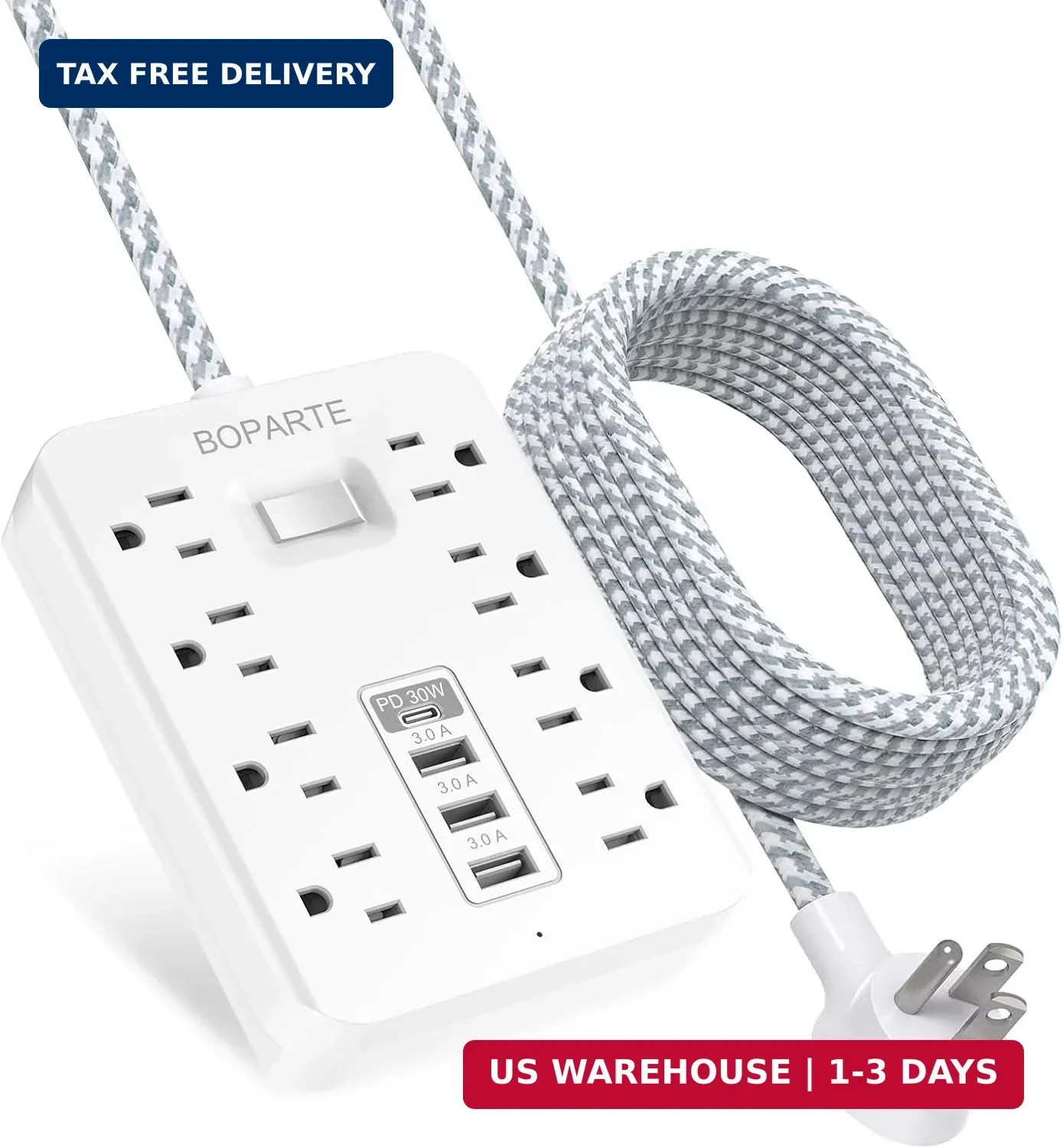 Surge Protector Power Strip, 10 Ft Extension Cord with PD 30W USB C Port, 8 AC O