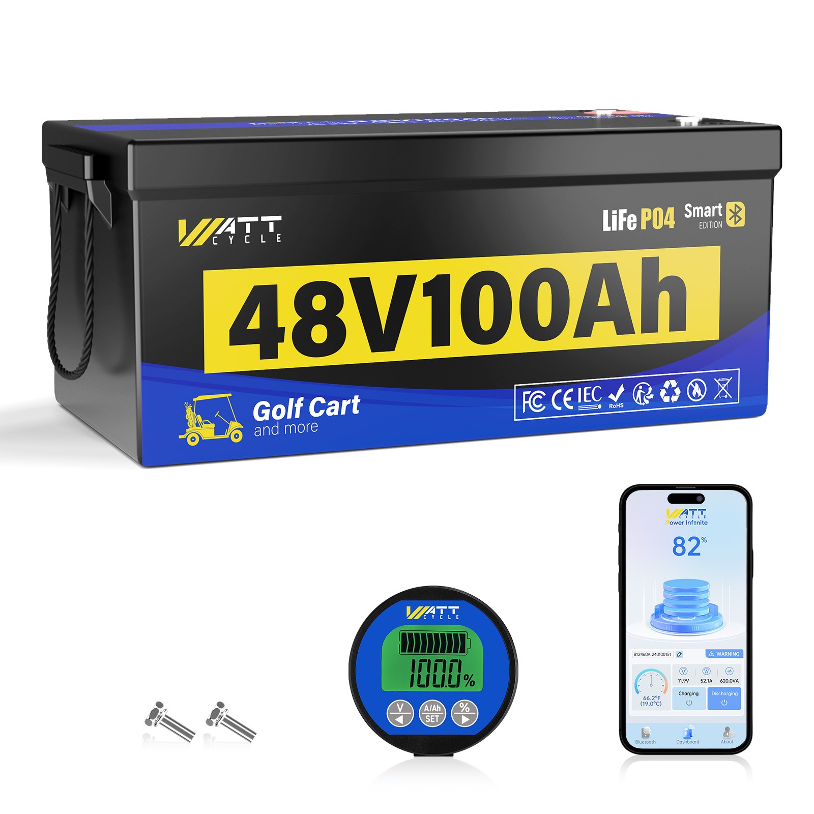 WattCycle 48V 100Ah 200A BMS LiFePO4 Lithium Deep Cycle Battery for Golf Cart