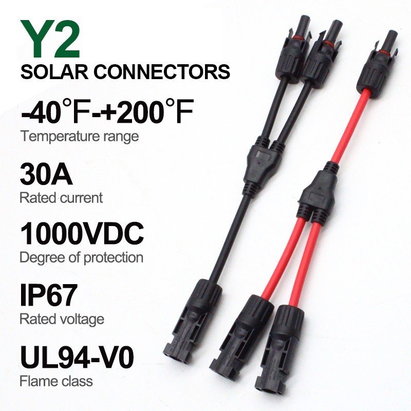 2 Pair Y2 Branch Solar Cable Solar Connectors for Solar Panel Parallel 30A