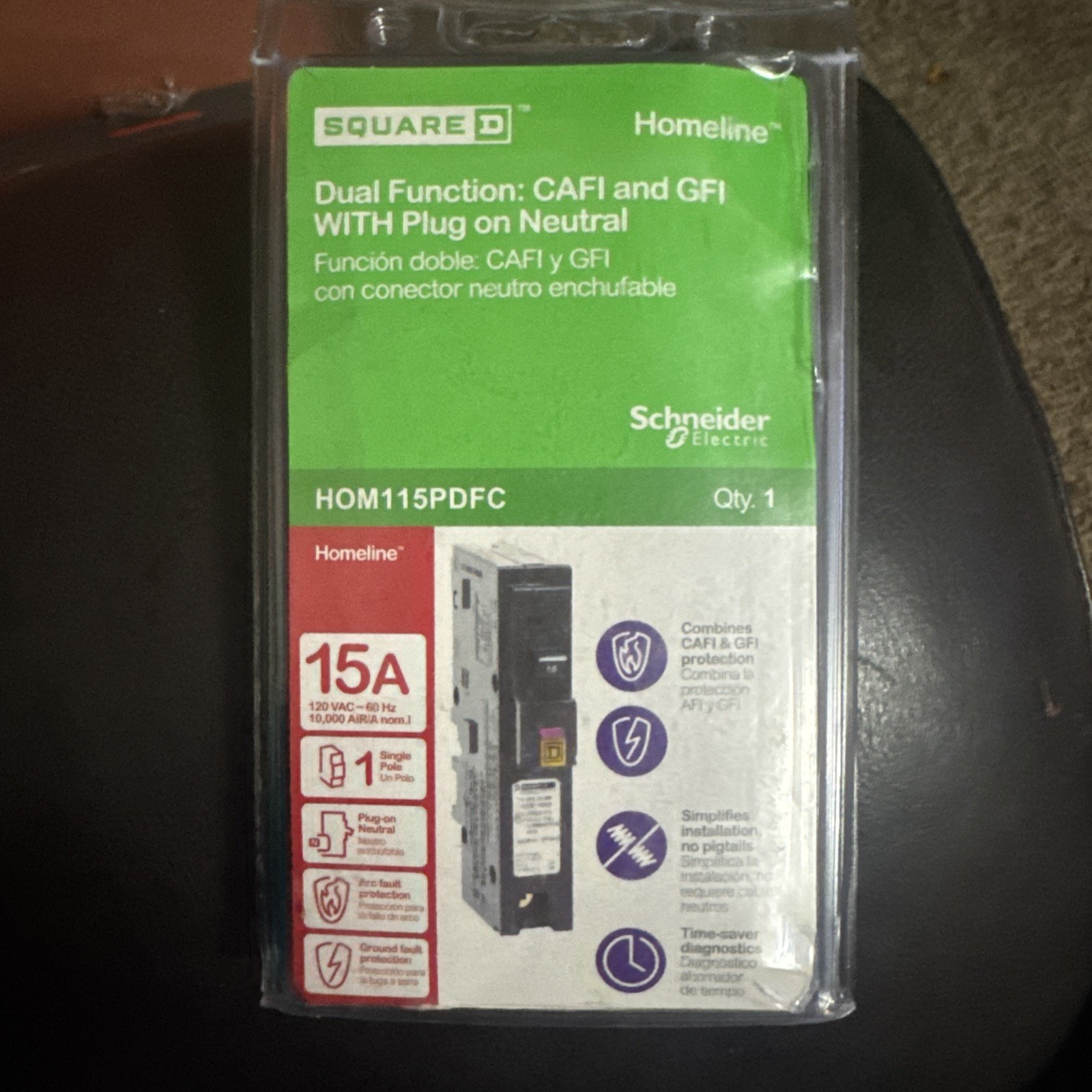 (1) Square D HOMELINE Dual Function: CAFI/GFI HOM115PDFC 15A – NEW 🔥