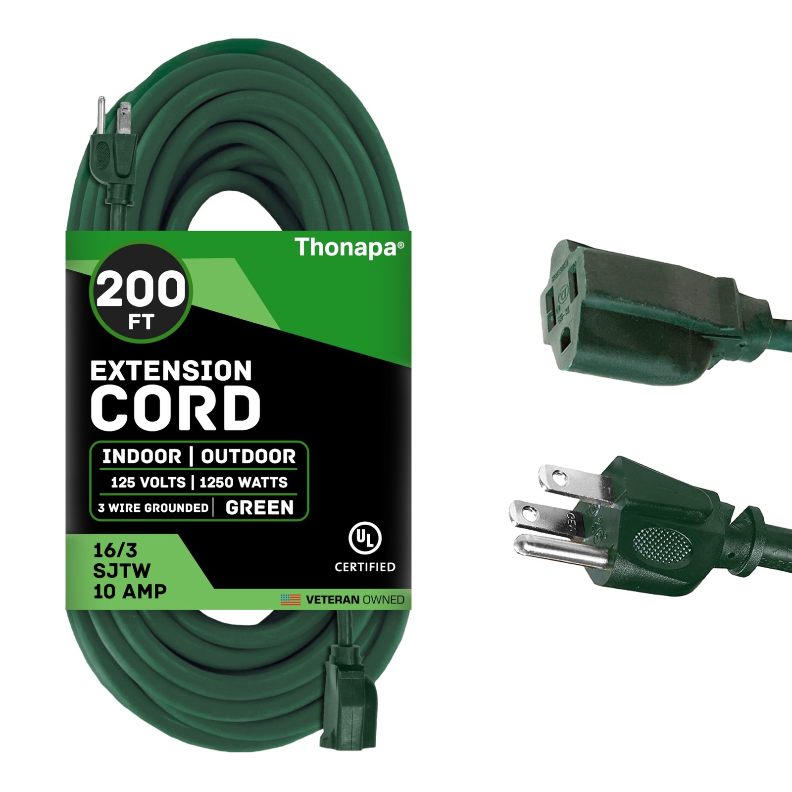 Green Outdoor Extension Cord 200 FT 16/3 SJTW Weatherproof 3 Prong Grounded Plug