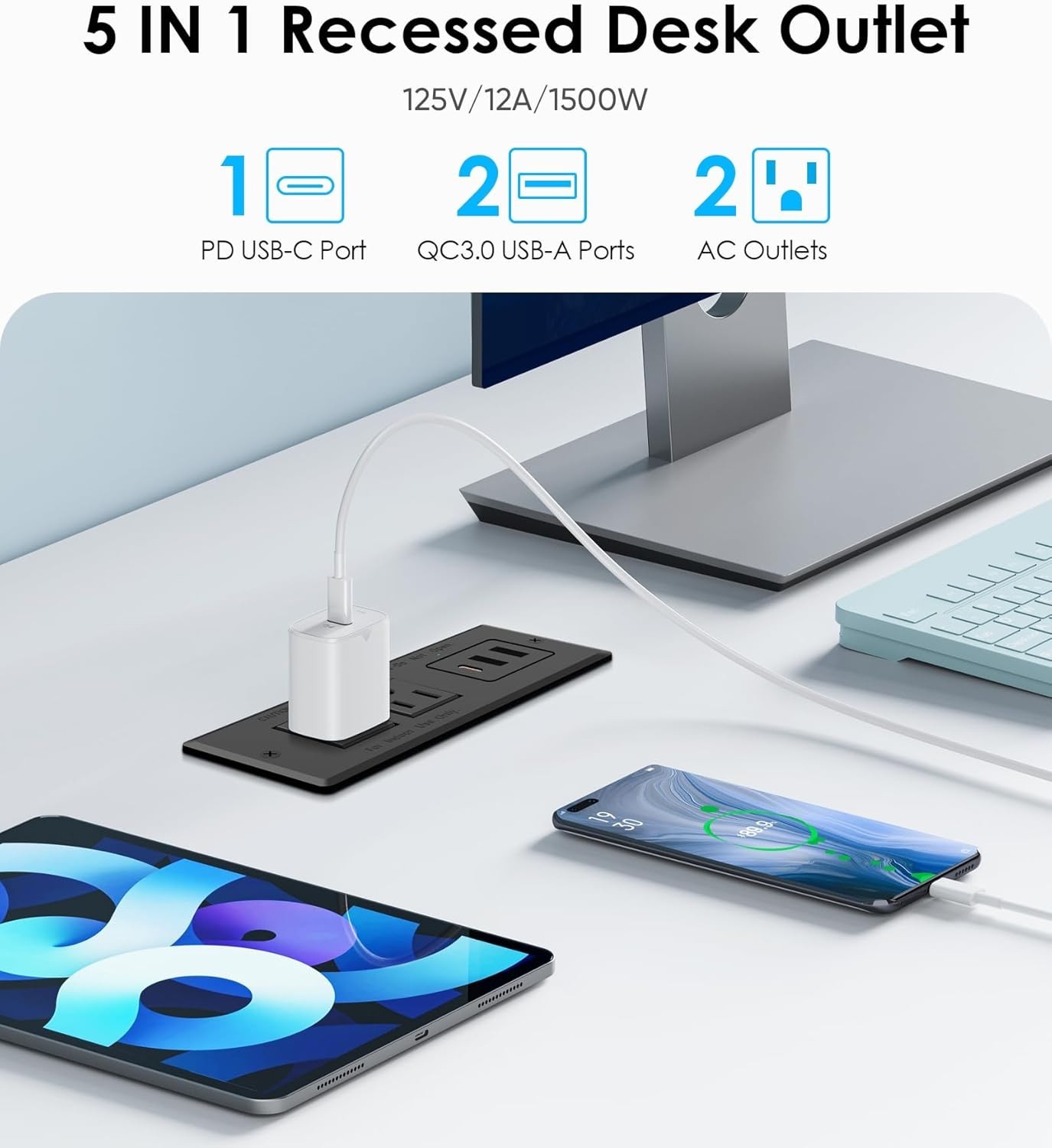 Recessed Power Strip, Flush Mounted Drawer Outlet with PD 20W Fast Charging USB-
