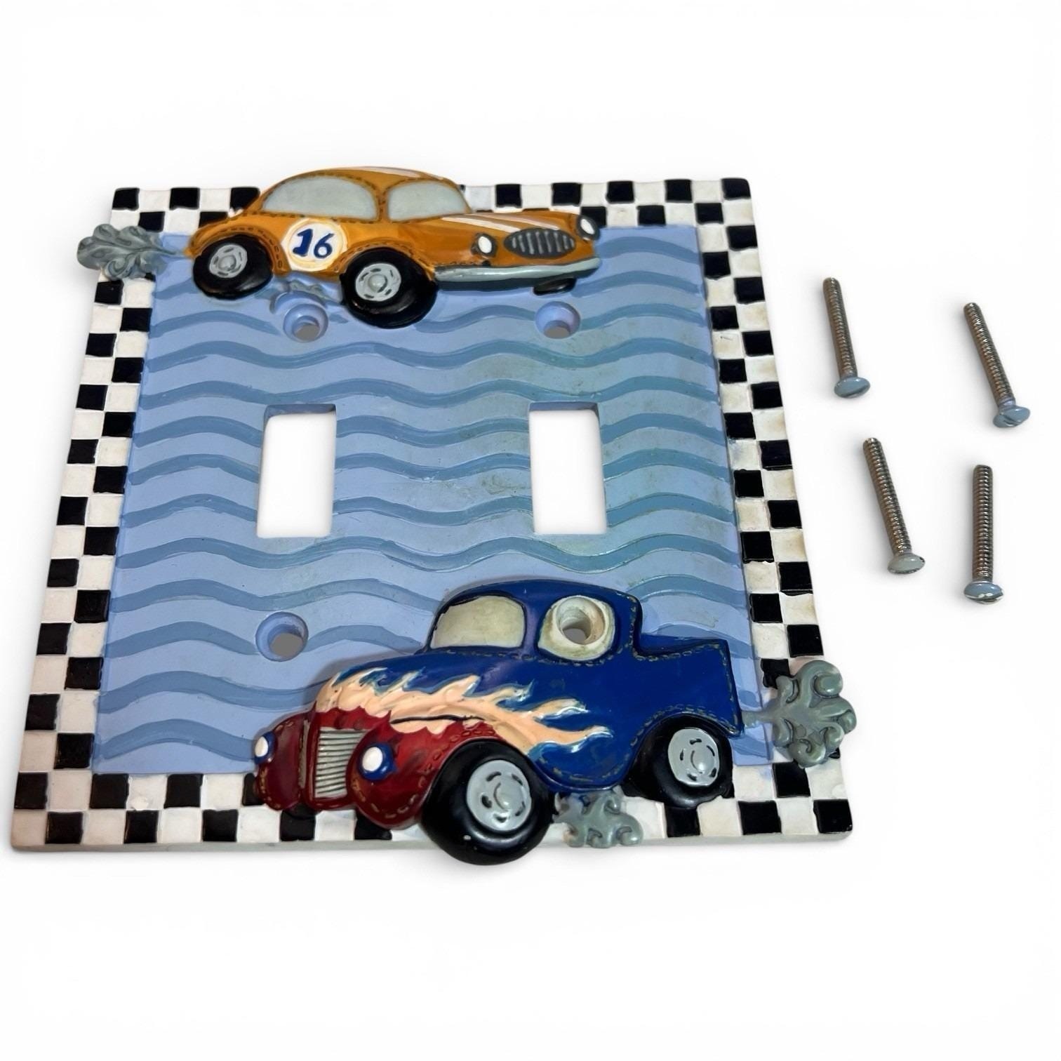 Borders Unlimited Light Switch Boy’s Room Double Wall Plate Race Cars Kids Truck