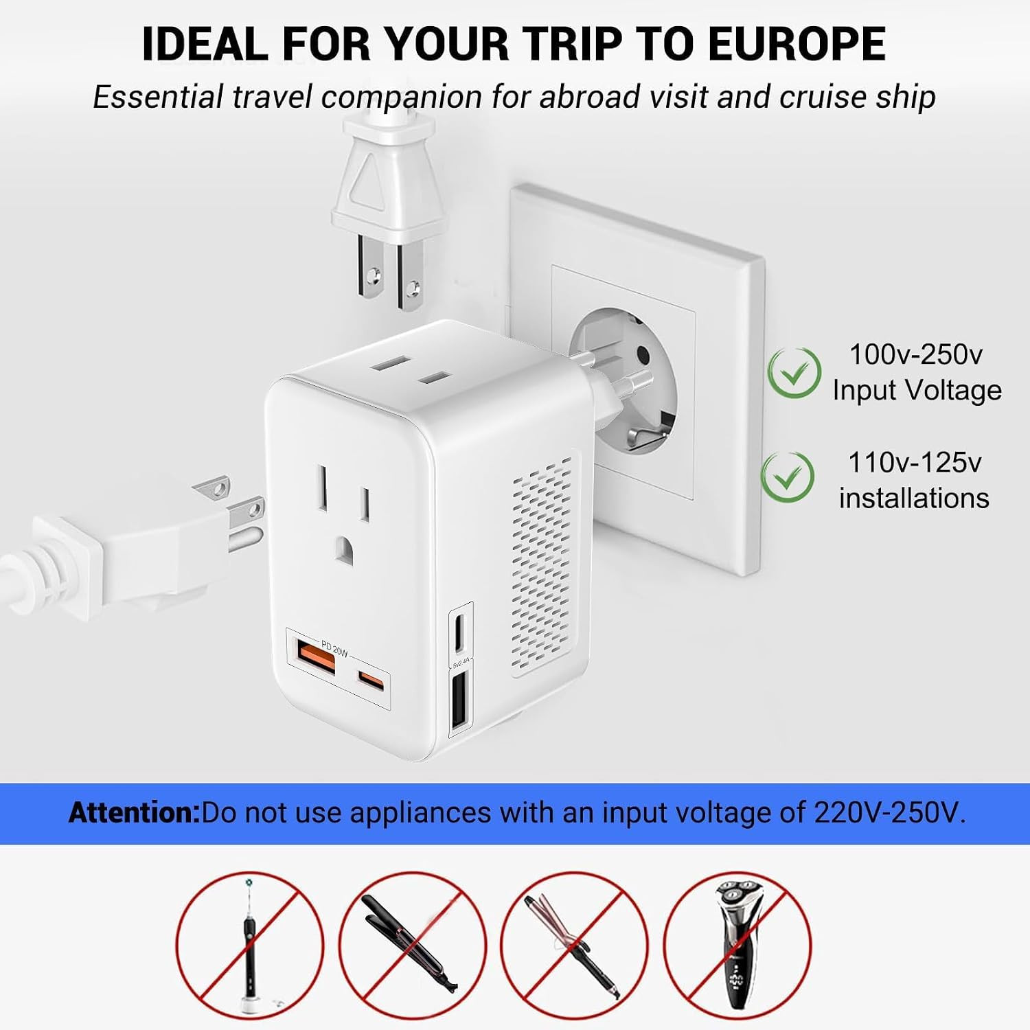220V to 110V Voltage Conversion Plug Adapter for Traveling from USA to Europe wi