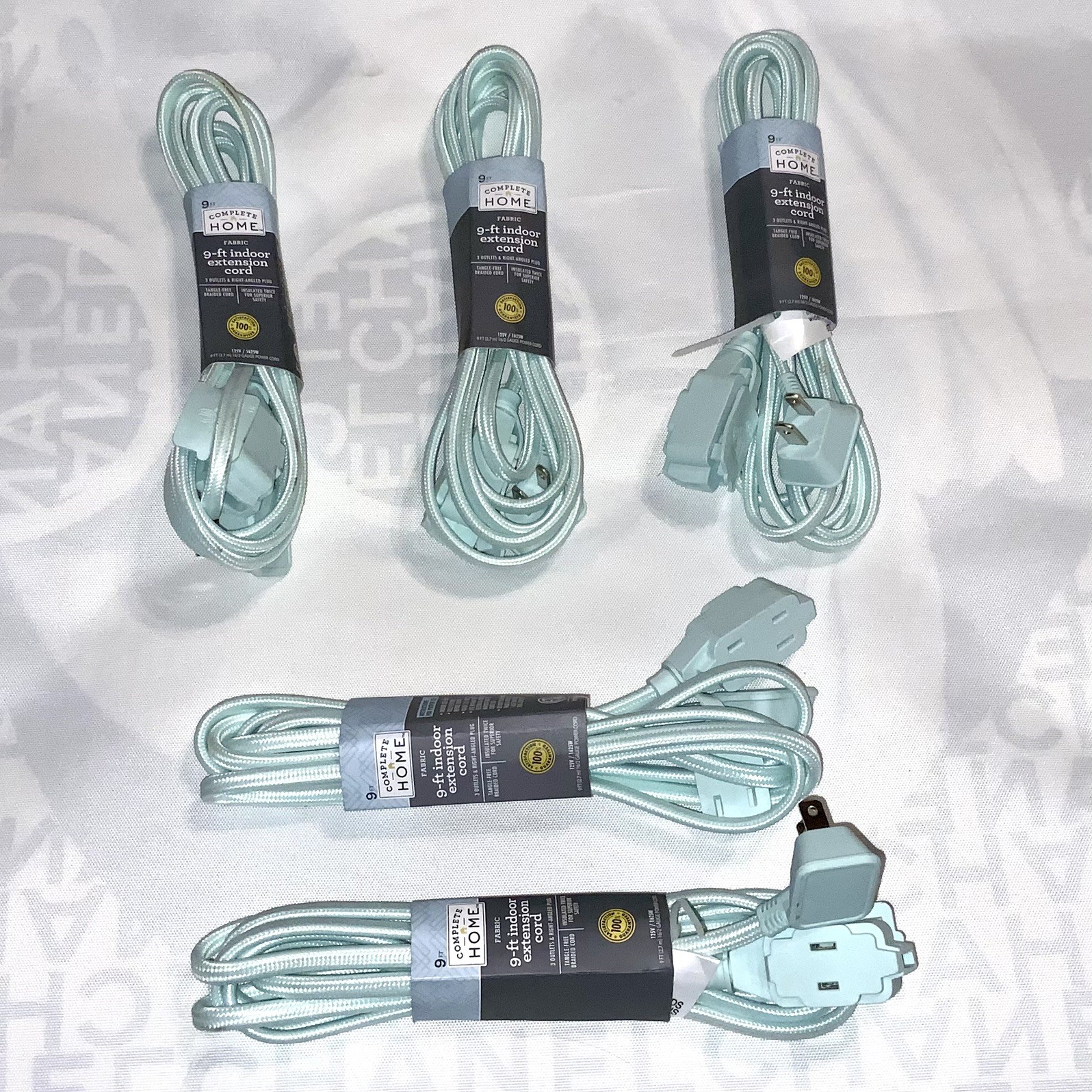 5 PACK LOT 9 ft Indoor Extension Cords set Teal Mint Green Fabric Complete Home