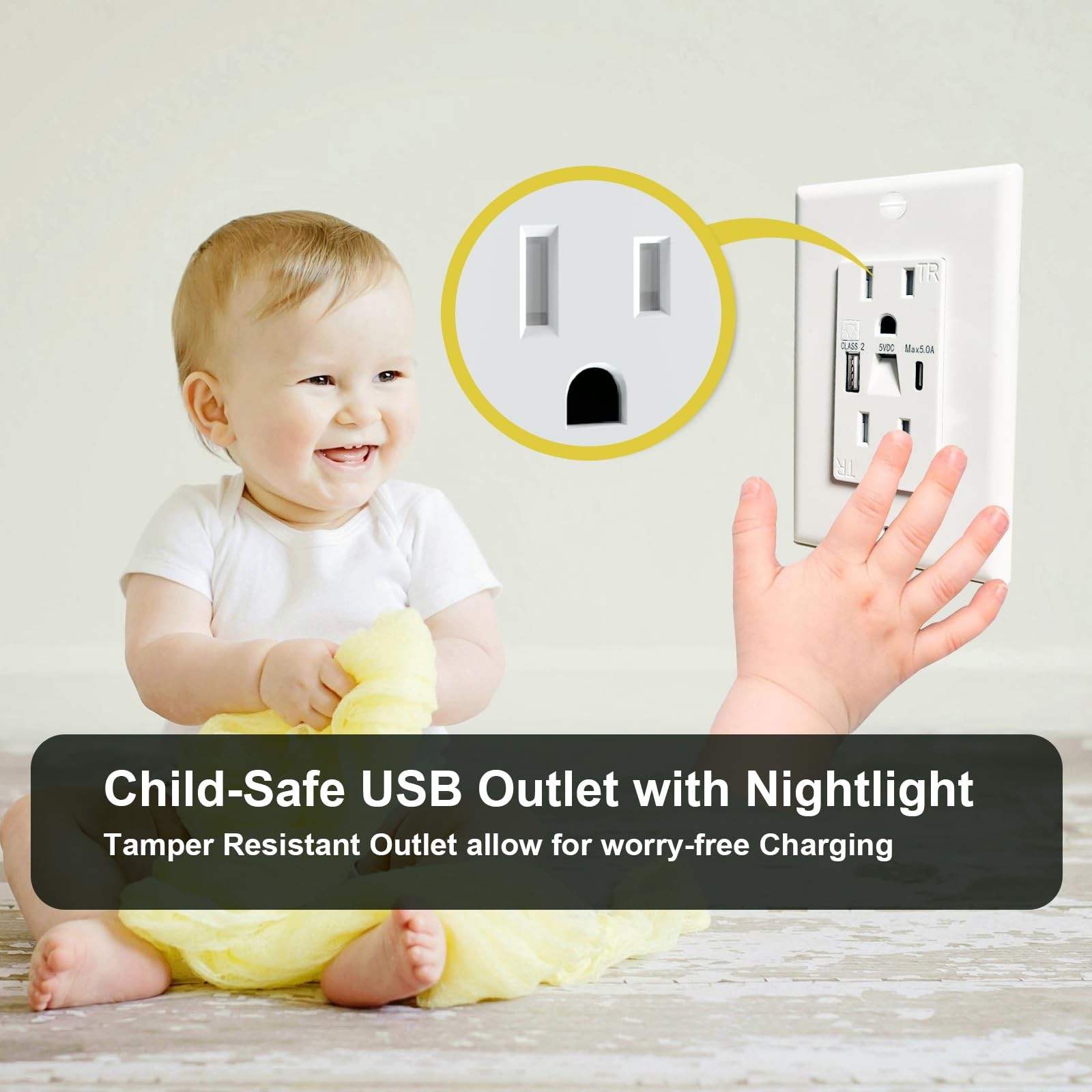 Wall Outlet with Night Light 15A USB A and C Ports Tamper Resistant White