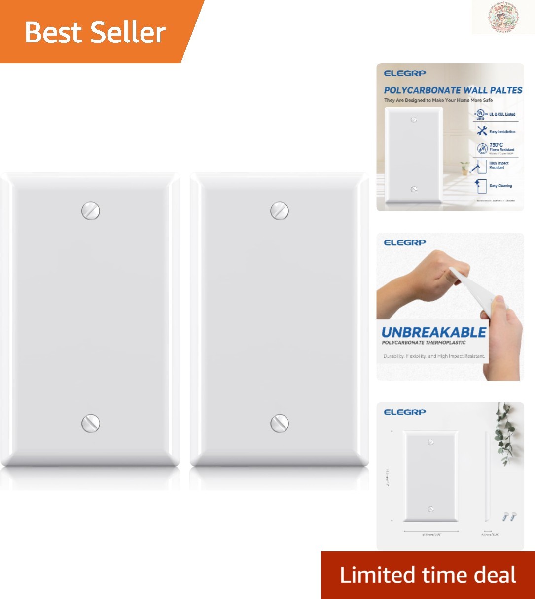 Unbreakable Glossy White 1-Gang Wall Plates – Durable Faceplate Cover, 2-Pack