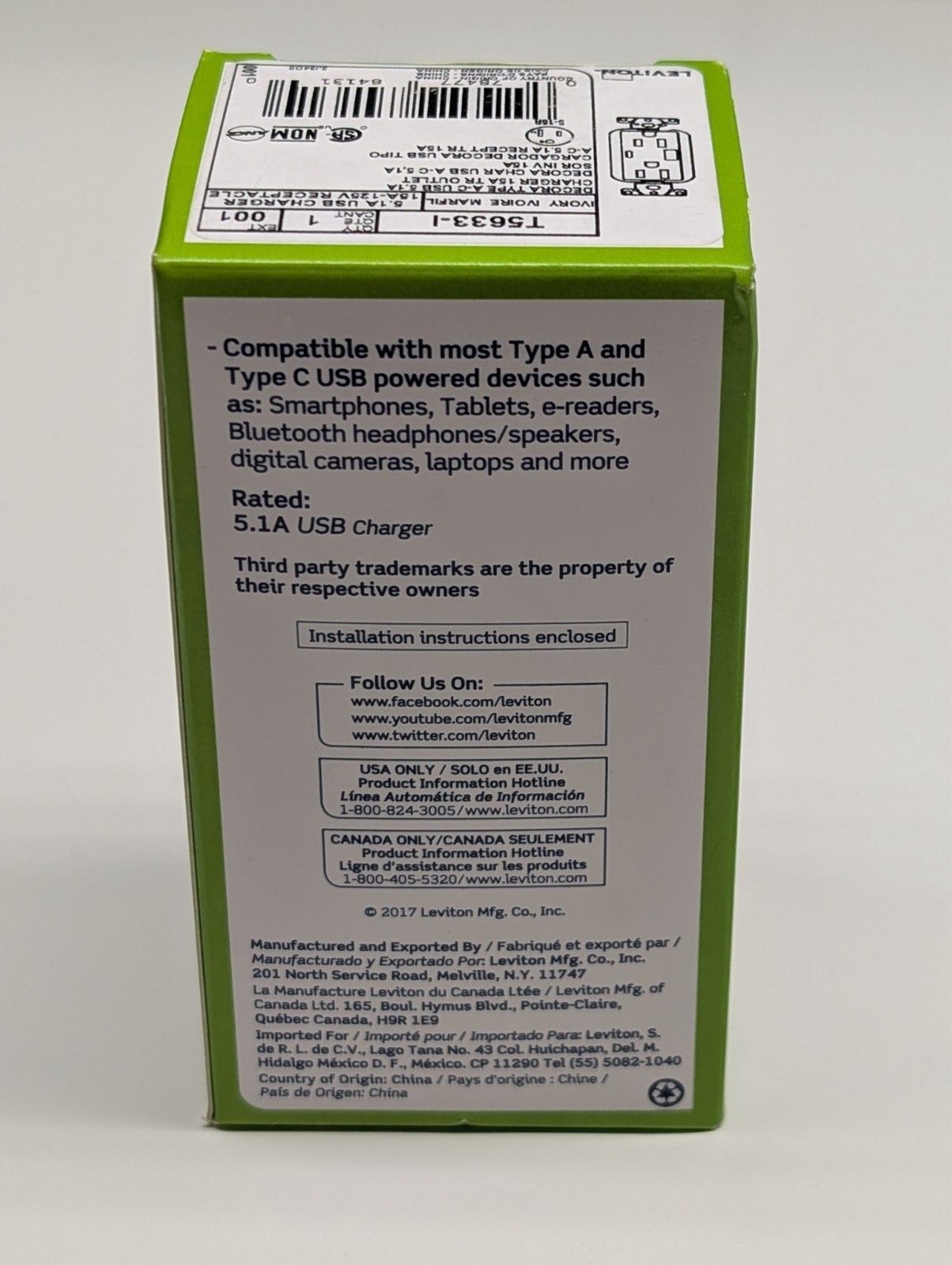 Leviton T5633-I 15A 125V Duplex Outlet With Type A and C USB Charging Ports