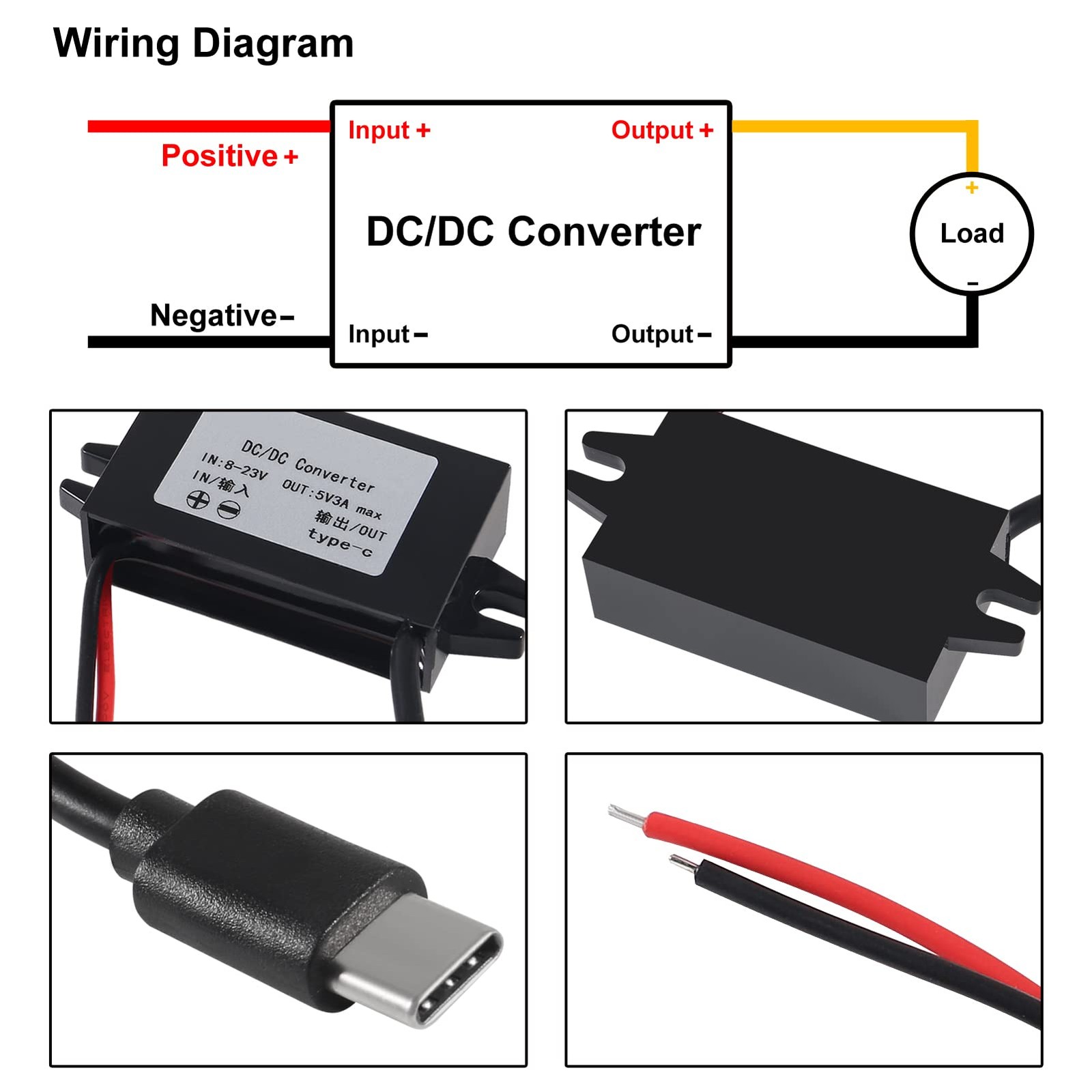 2pcs DC 12V/24V to 5V USB C Buck 12V C Converter, Black