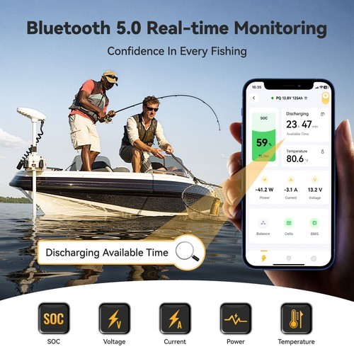 Power Queen 12V 125Ah Group27 Bluetooth Lithium Battery 1600Wh for Boat Solar RV