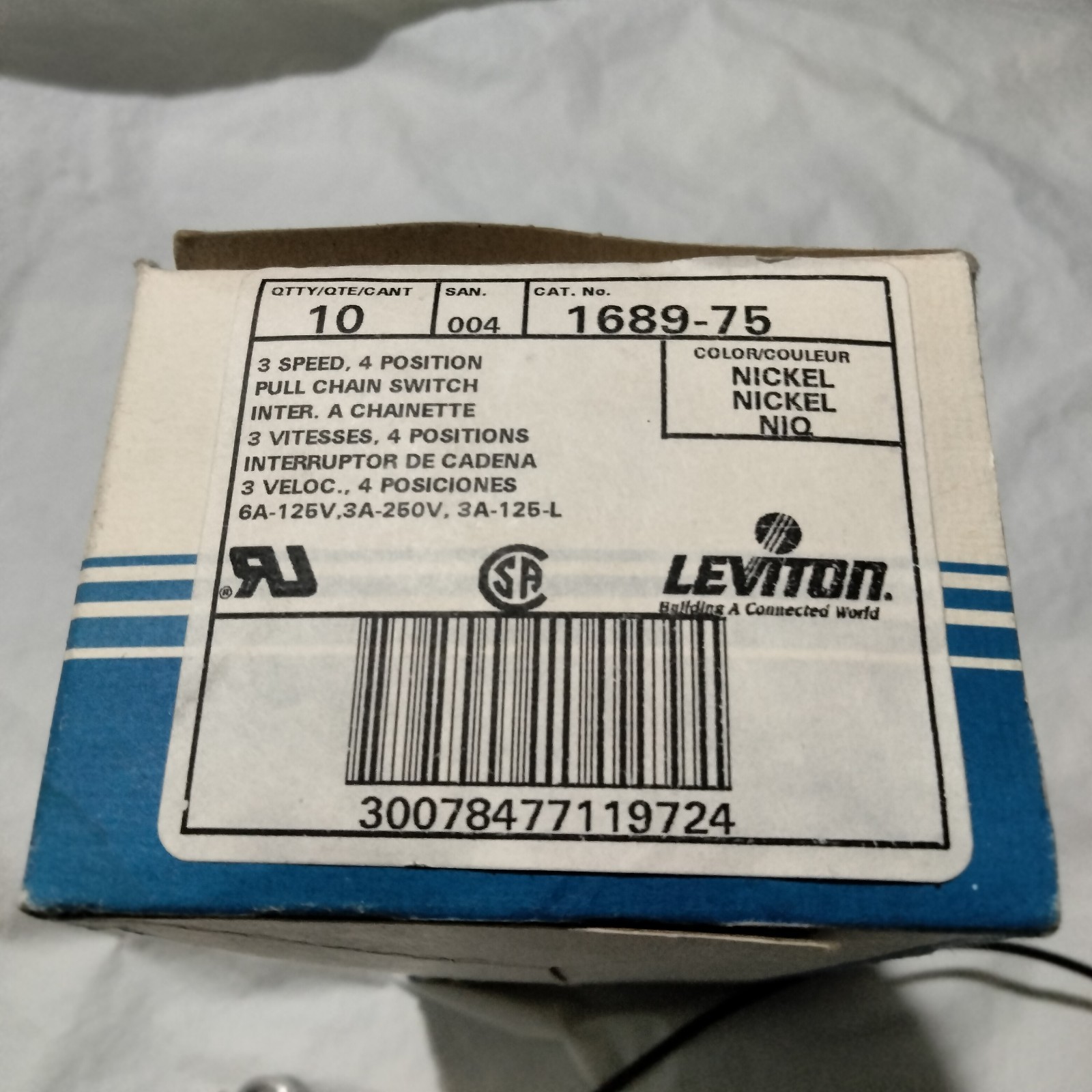 3 Speed 4 pos Heavy Duty PULL CHAIN SWITCH 6A 125V Fan Appliance LEVITON 1689-75