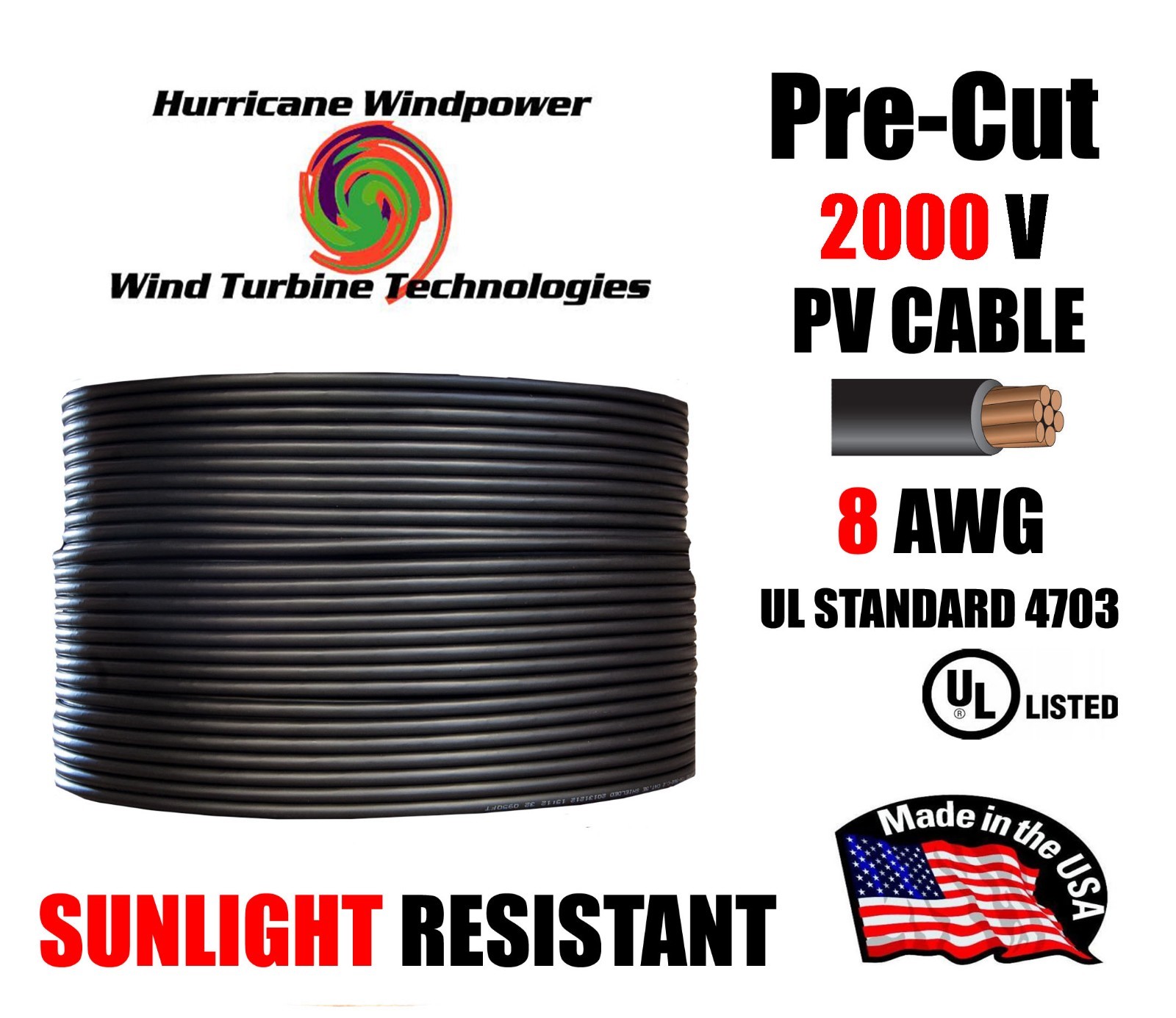 8 AWG Gauge PV Wire 1000/2000 Volt Pre-Cut 15-500 Ft for Solar Installation