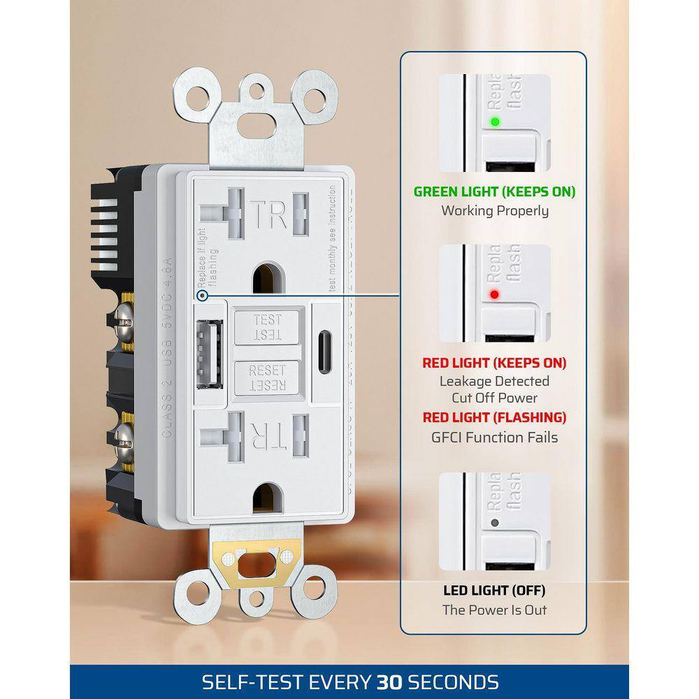 White 20 Amp Tamper Resistant GFCI Duplex Outlet with USB-A, USB-C Charger
